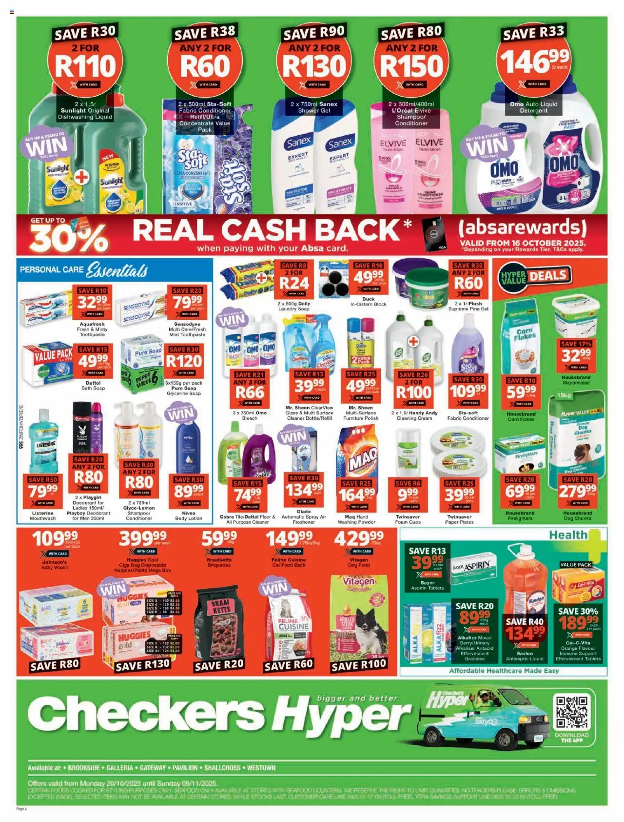 New Checkers catalogue – valid from 20.10.2025 | Page: 4 | Products: Antiseptic liquid, Flakes, Toothpaste, Seafood