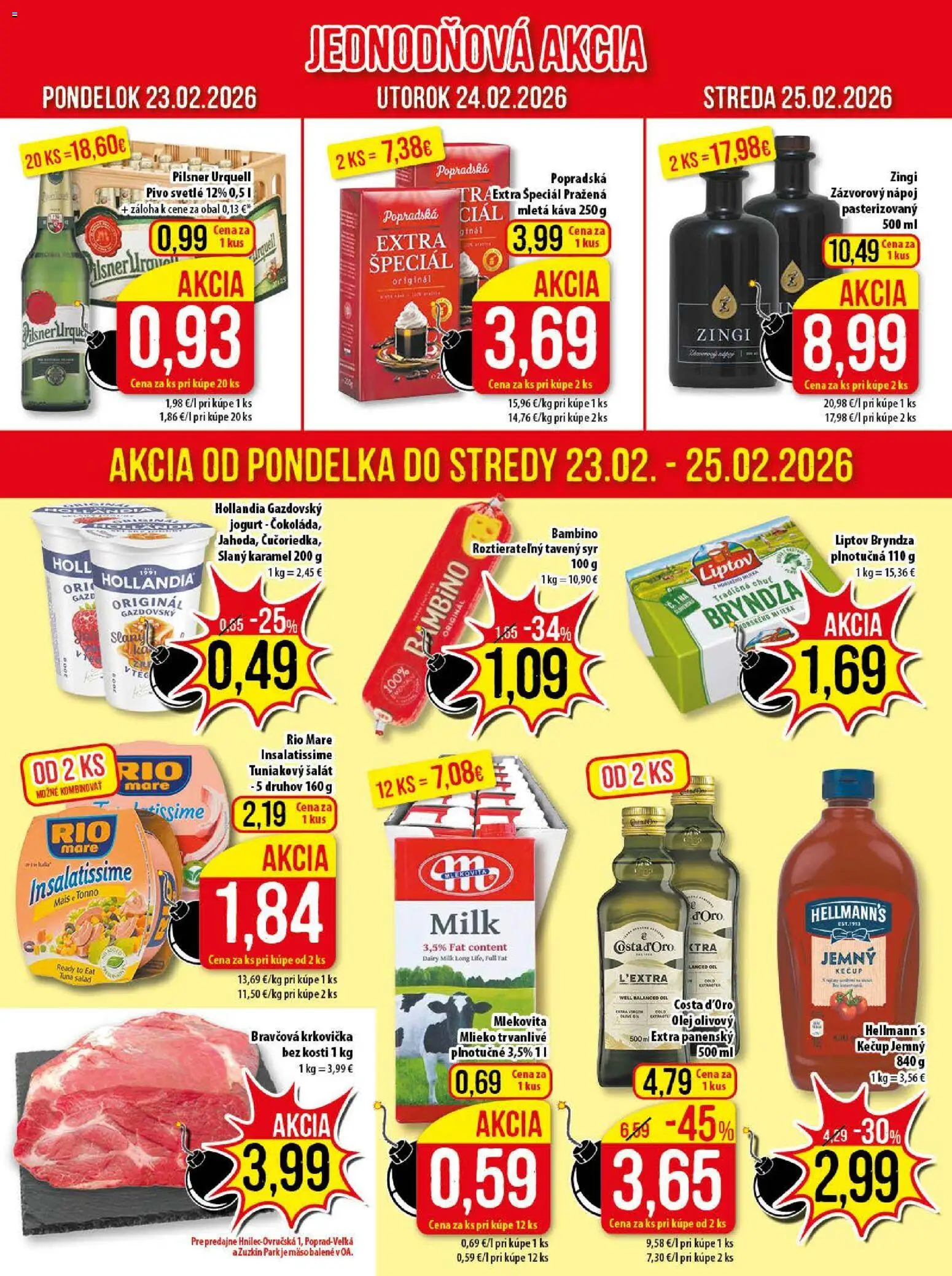 Nové Klas akcie – leták je platný od 23.02.2026 | Strana: 2 | Produkty: Pivo, Olej, Rio Mare, Šalát