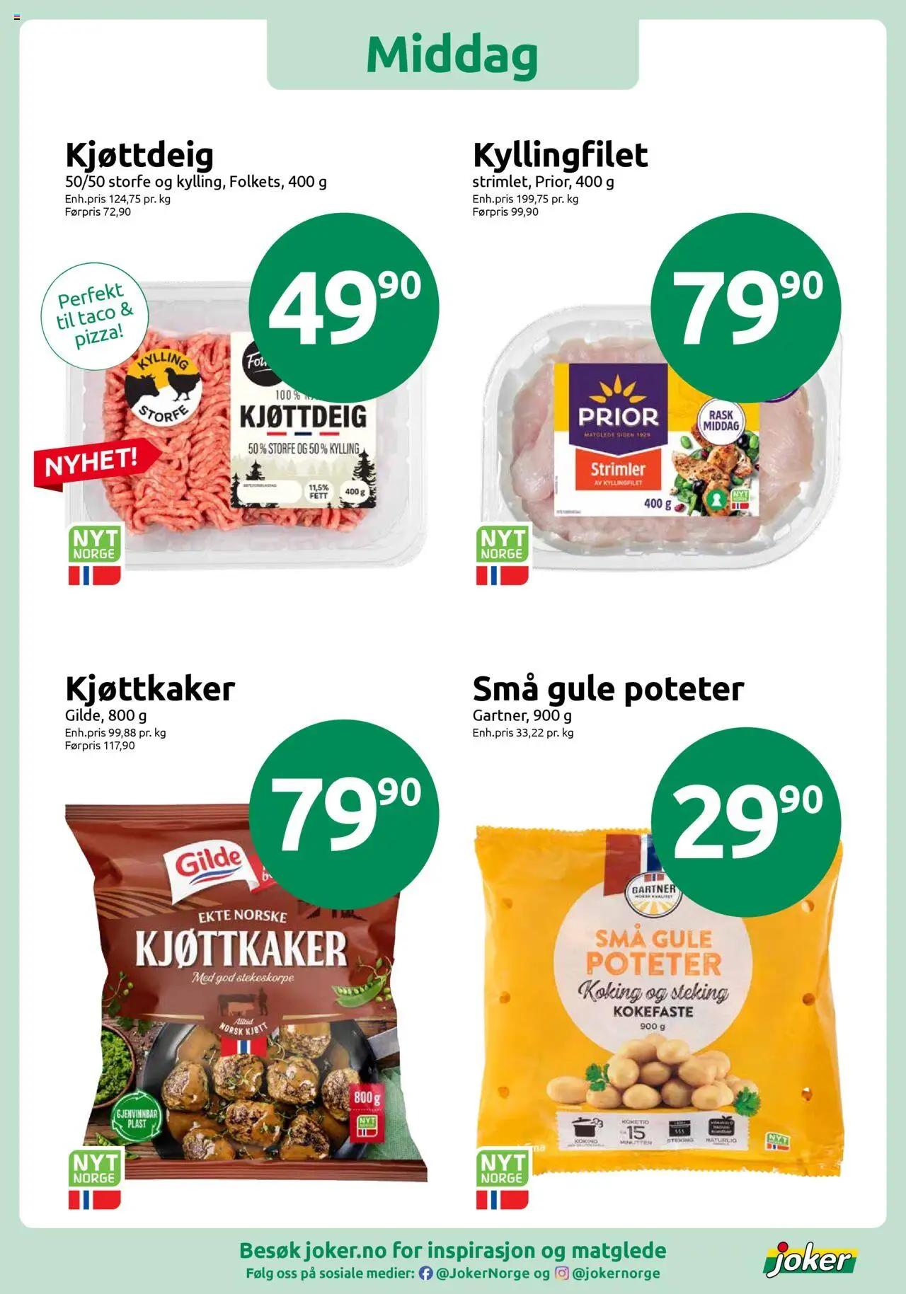 {H1} | Side: 12 | Produkter: Kylling, Kjøttkaker, Taco, Kolasås
