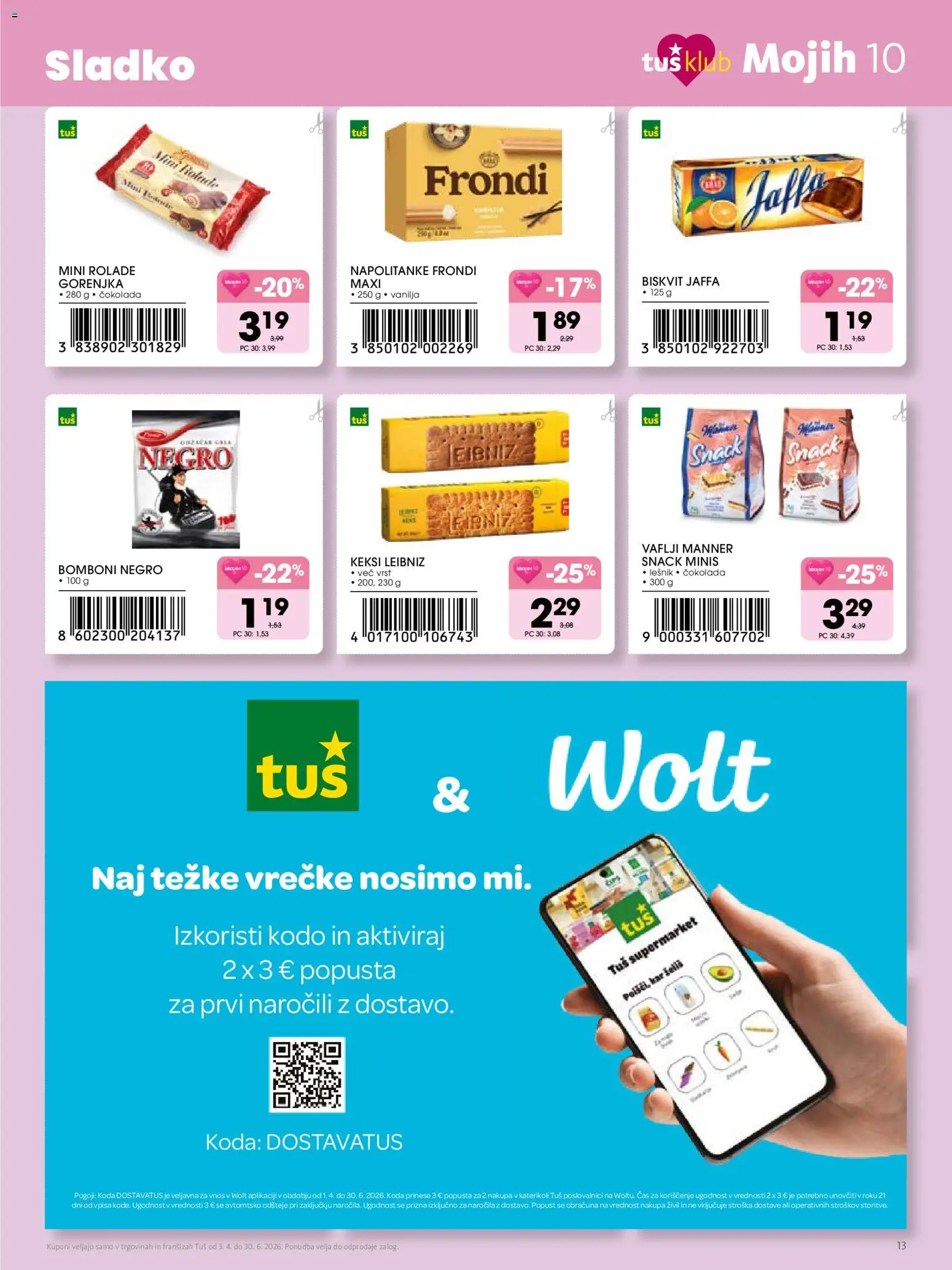 Novi Tuš katalog ponudbe – veljaven od 03.04.2026 | Stran: 13 | Izdelki: Napolitanke, Keksi, Vaflji, Cokolada