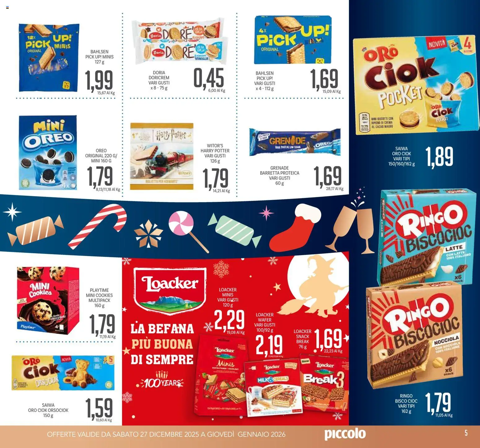 Volantino Piccolo del 27.12.2025 | Pagina: 5 | Prodotti: Biscotti, Latte, Nocciole, Barretta