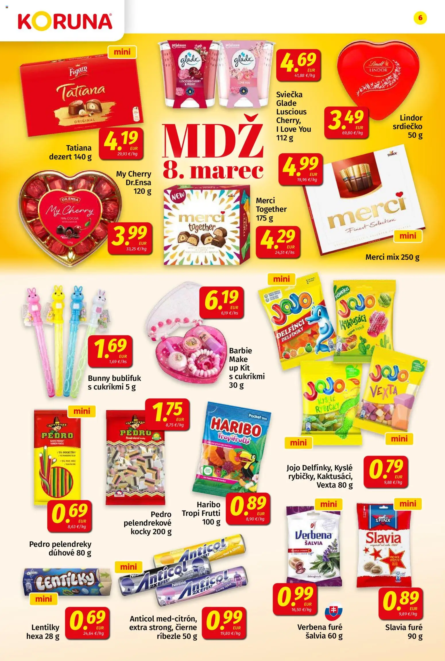 Nové Koruna akcie – leták je platný od 06.03.2026 | Strana: 6 | Produkty: Ríbezle, Lindor, Merci, Make up