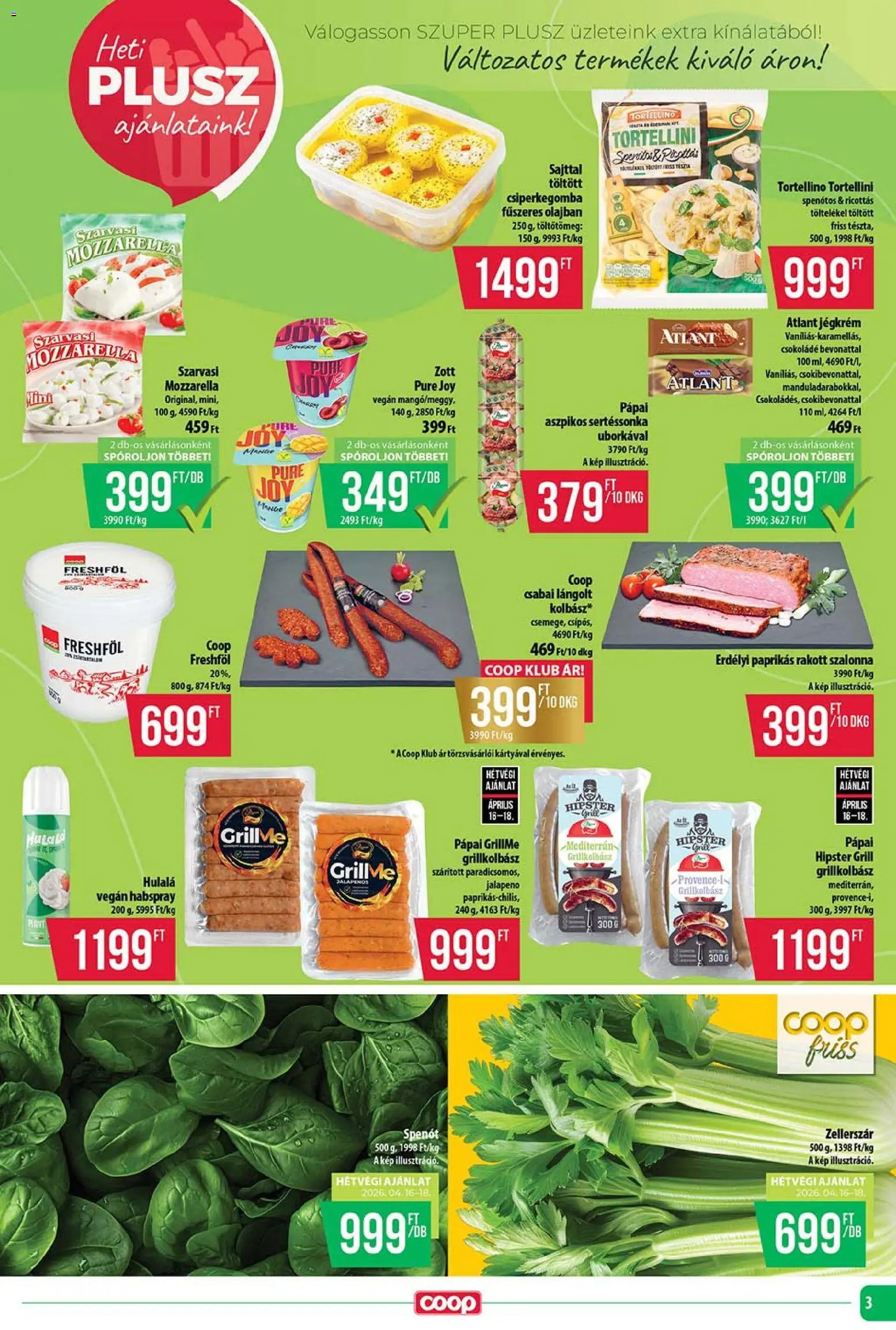 COOP akciós ujság - amely érvényes a következő dátumtól: 16.04.2026 | Oldal: 3 | Termékek: Grillkolbász, Grill, Jalapeno, Jégkrém