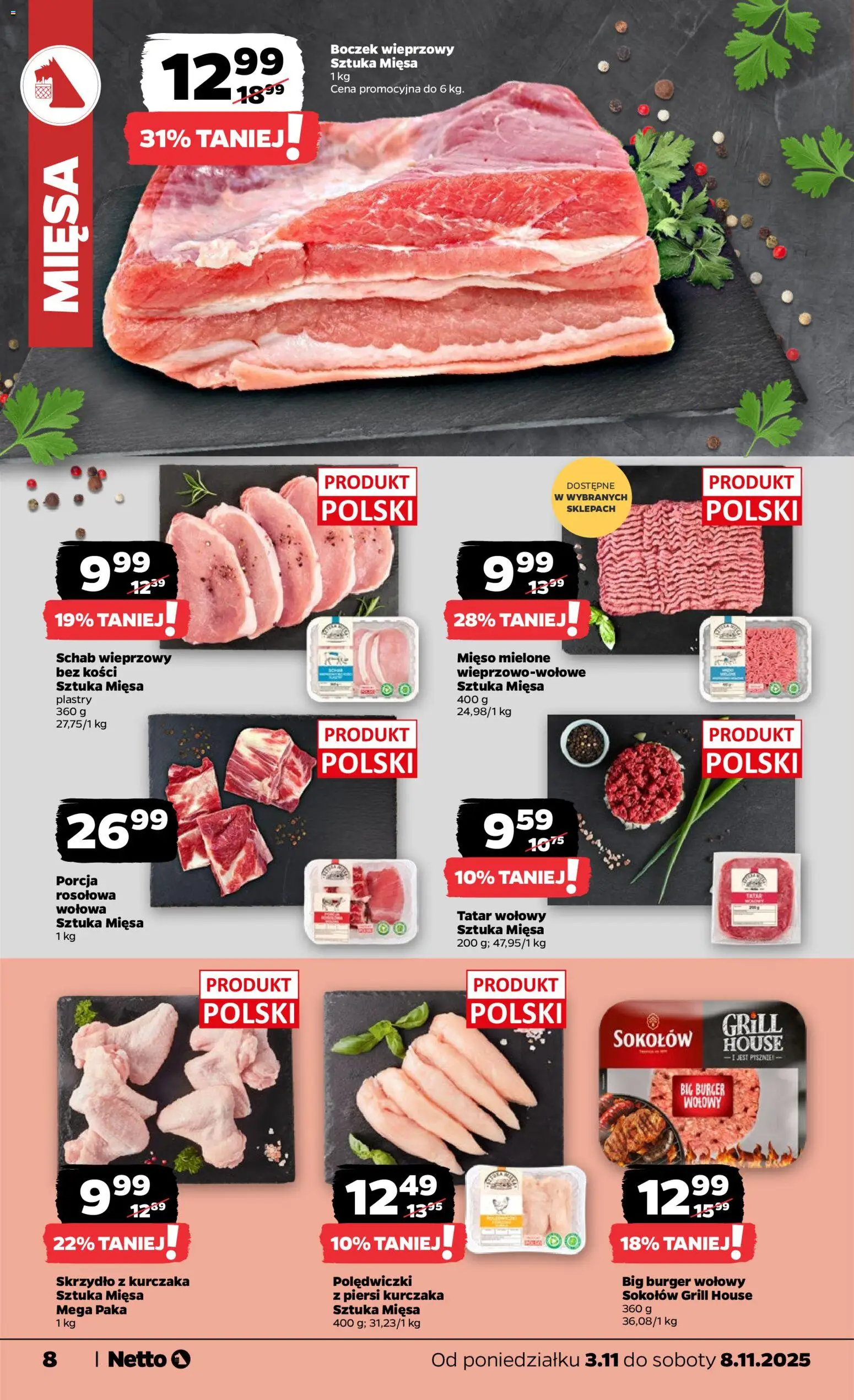Netto gazetka - Spożywcza od 02.11.2025 | Strona: 8 | Produkty: Schab, Boczek wieprzowy, Grill, Tatar
