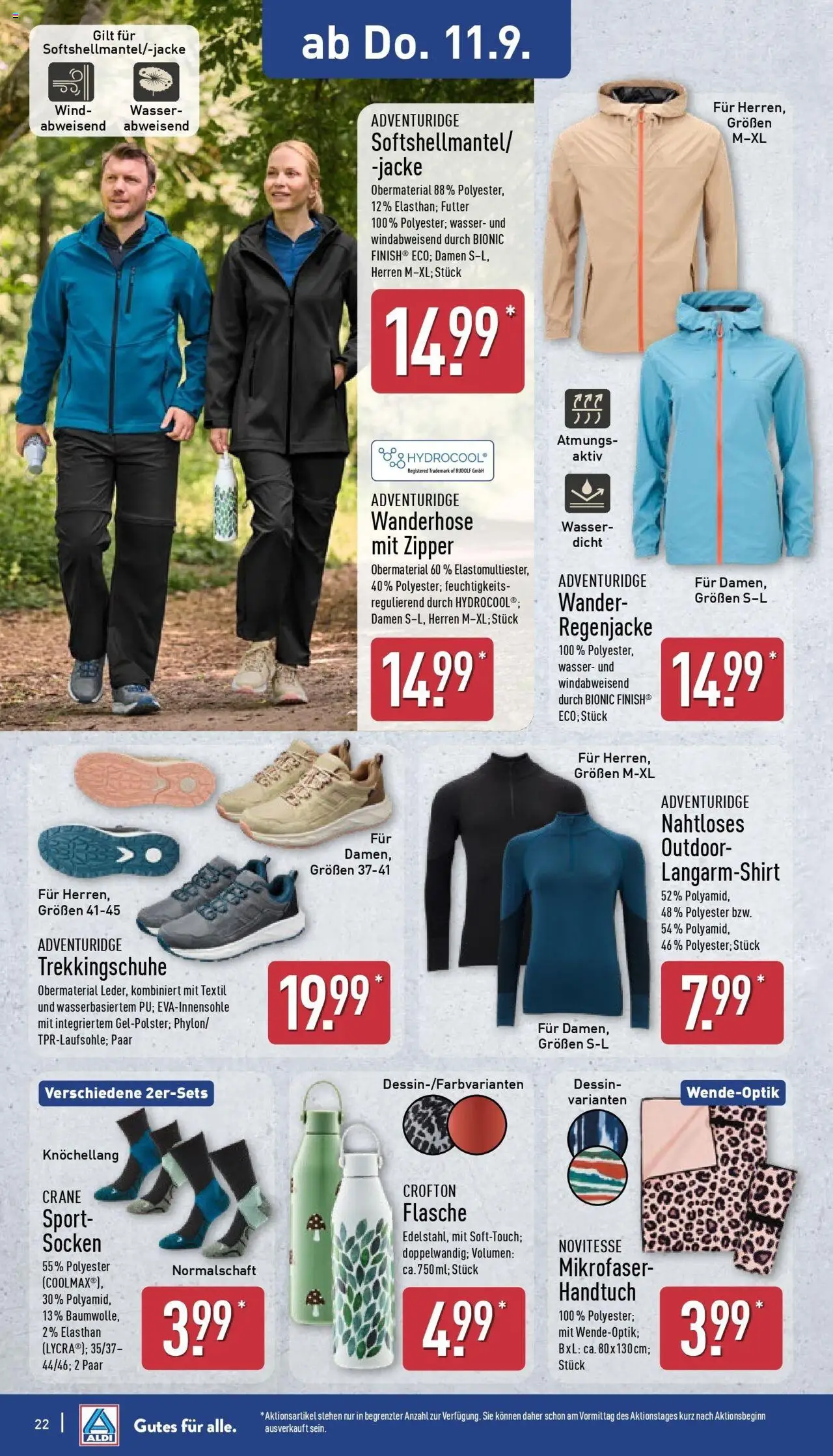 Aldi Prospekt Hildburghausen – gültig ab 07.09.2025 | Seite: 26 | Produkte: Regenjacke, Langarmshirt, Wasser, Socken
