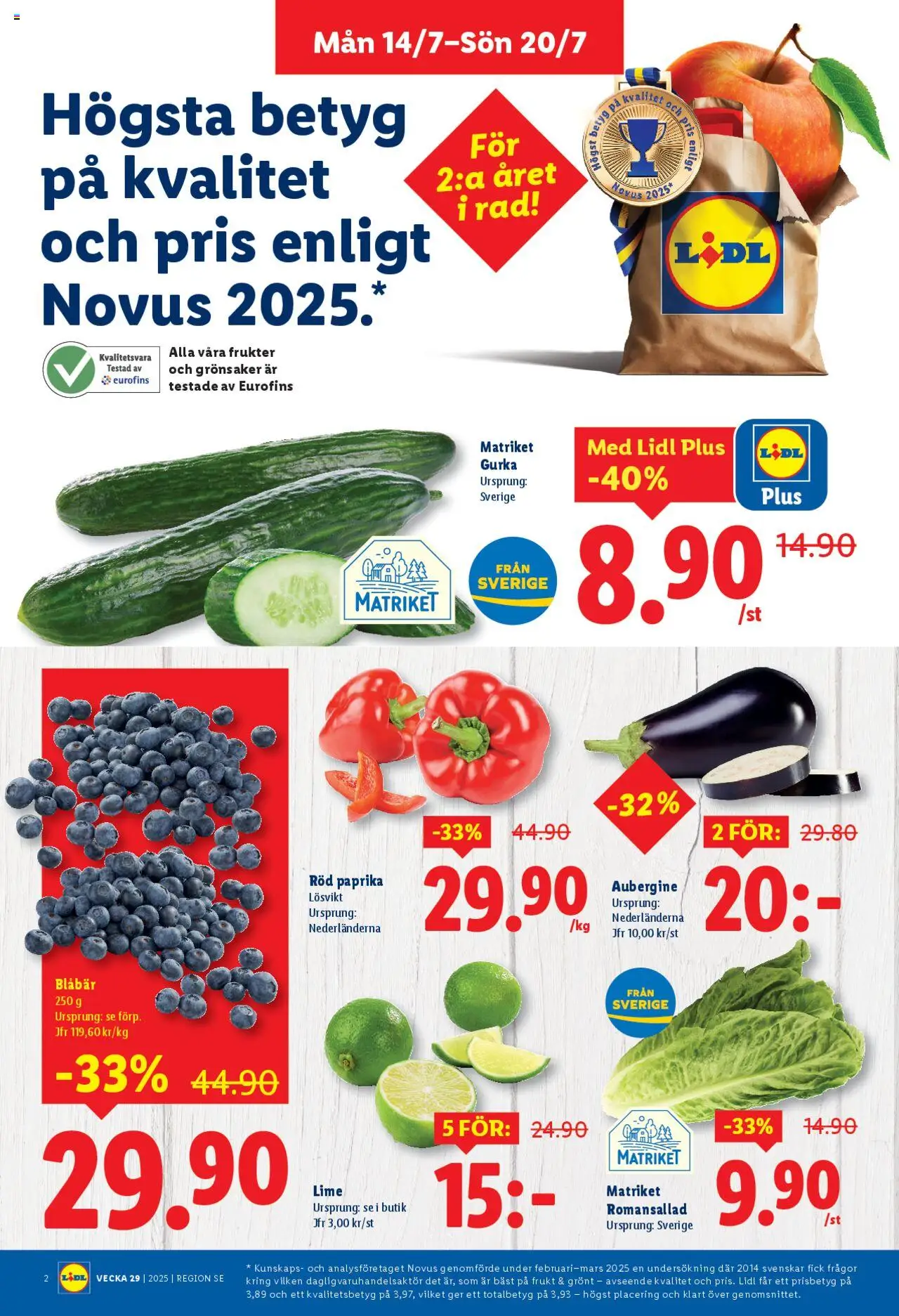 Lidl reklamblad aktuell från 14.07.2025 | Sida: 2 | Produkter: Romansallad, Aubergine, Gurka, Röd paprika