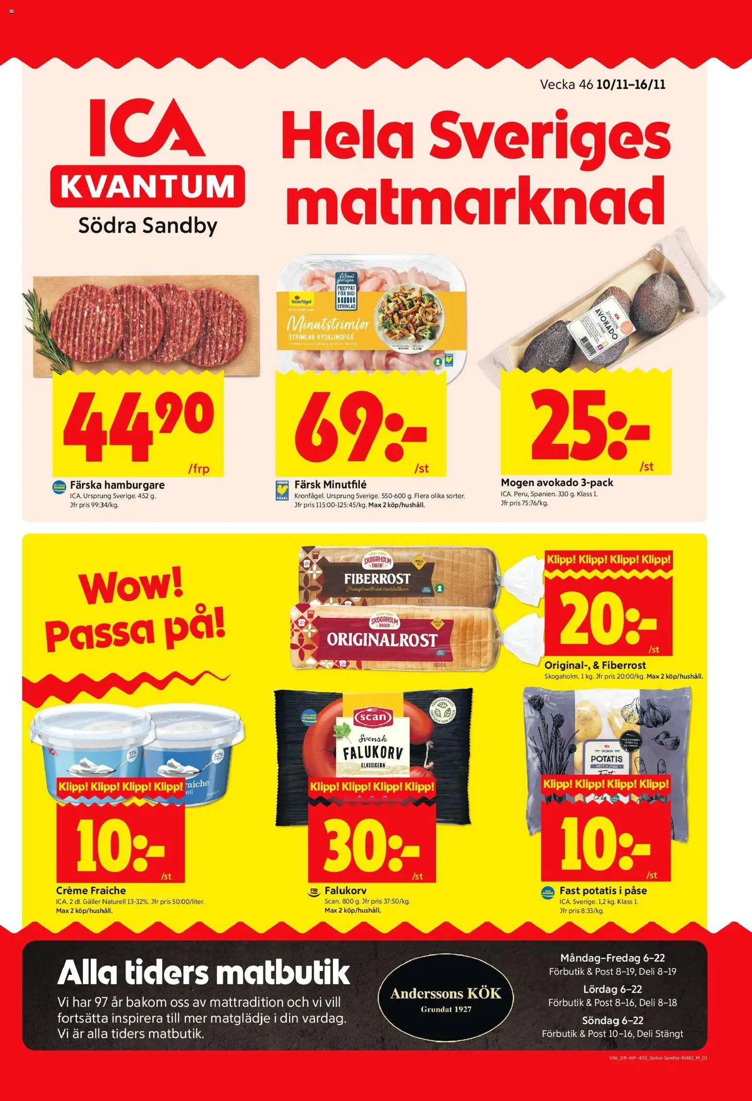 ICA Kvantum reklamblad aktuell från 10.11.2025 | Sida: 1 | Produkter: Bageri, Kycklingfile, Falukorv, Creme fraiche