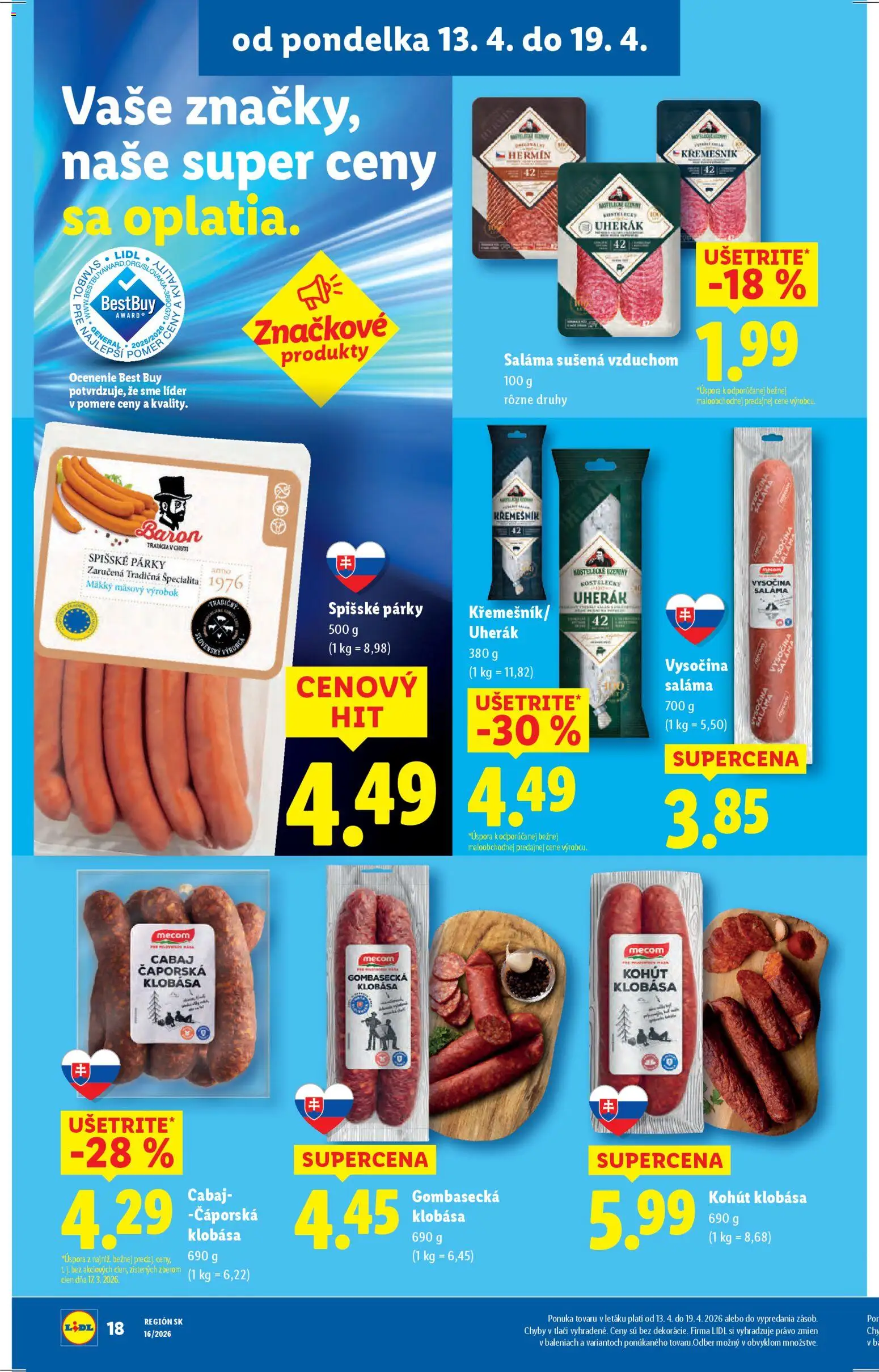 Nové Lidl akcie – leták je platný od 13.04.2026 | Strana: 20 | Produkty: Saláma, Klobása, Párky