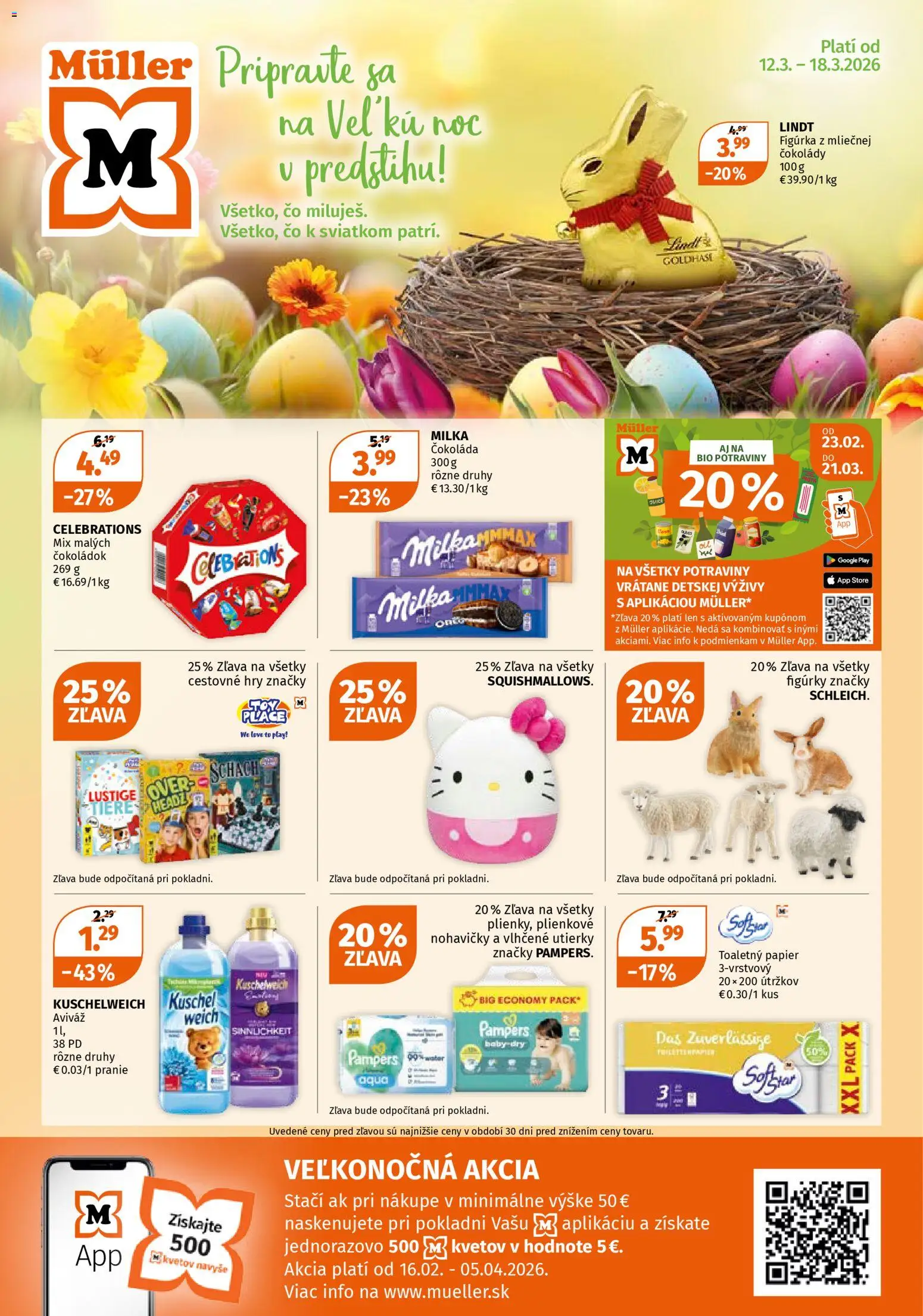 Nové Müller akcie – leták je platný od 12.03.2026 | Strana: 1 | Produkty: Lindt, Toaletný papier, Čokoláda, Aviváž