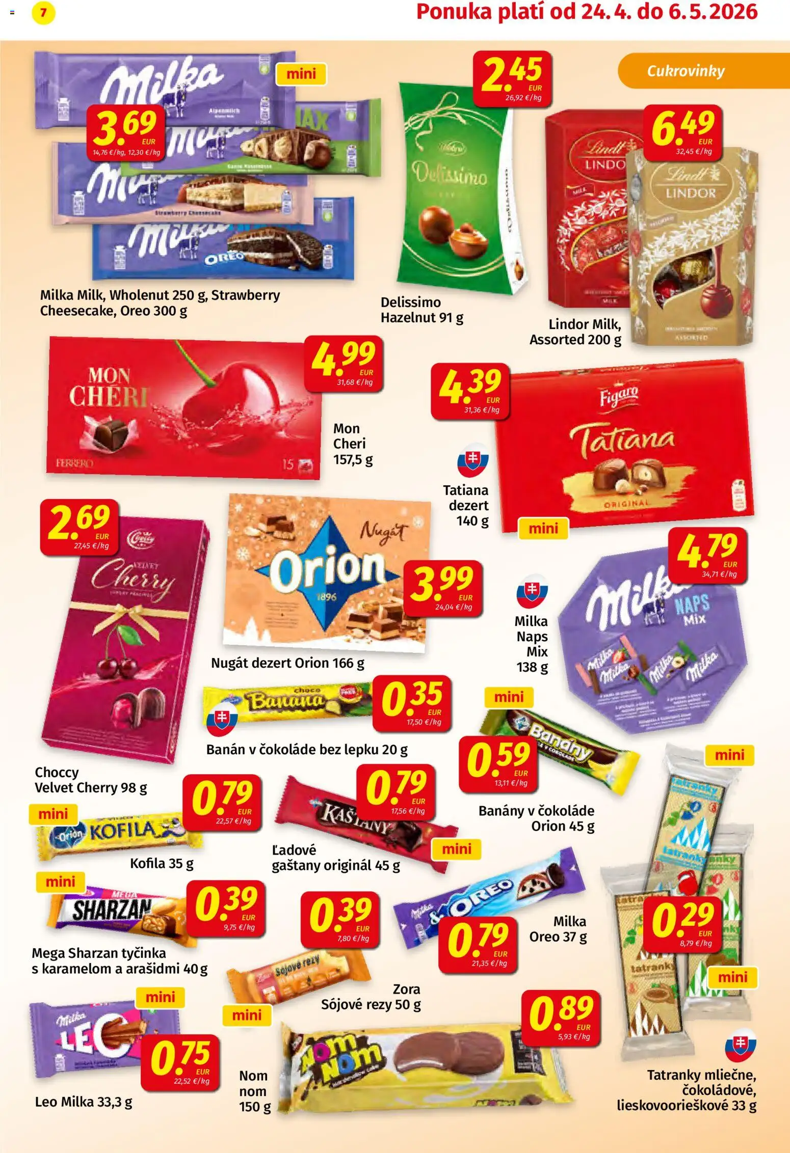 Nové Koruna akcie – leták je platný od 24.04.2026 | Strana: 7 | Produkty: Gaštany, Banány v čokoláde, Banány, Milka