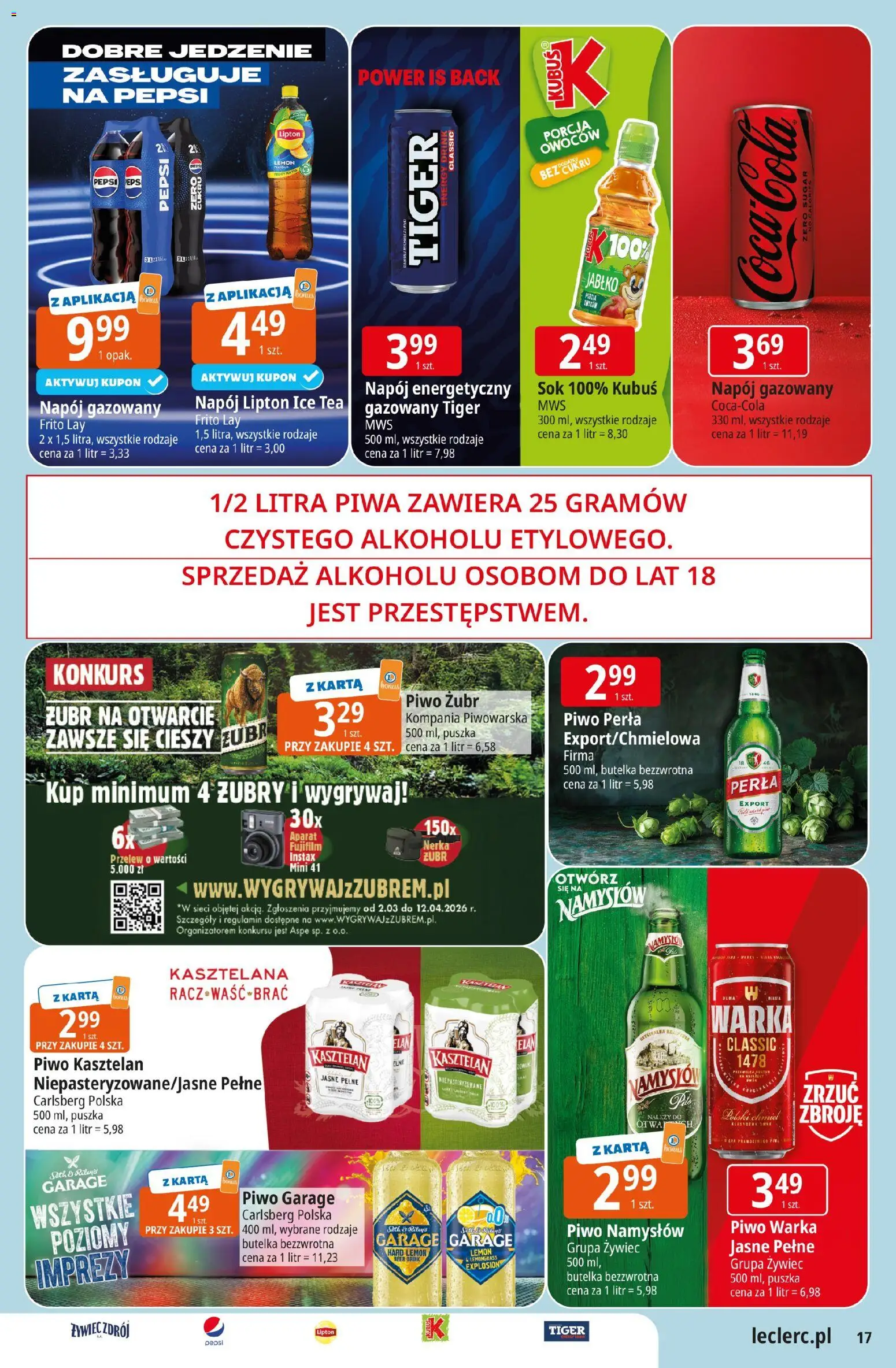 E.Leclerc Gazetka - Wrocław od 24.02.2026 | Strona: 17 | Produkty: Piwo żubr, Pepsi, Sok, Piwo