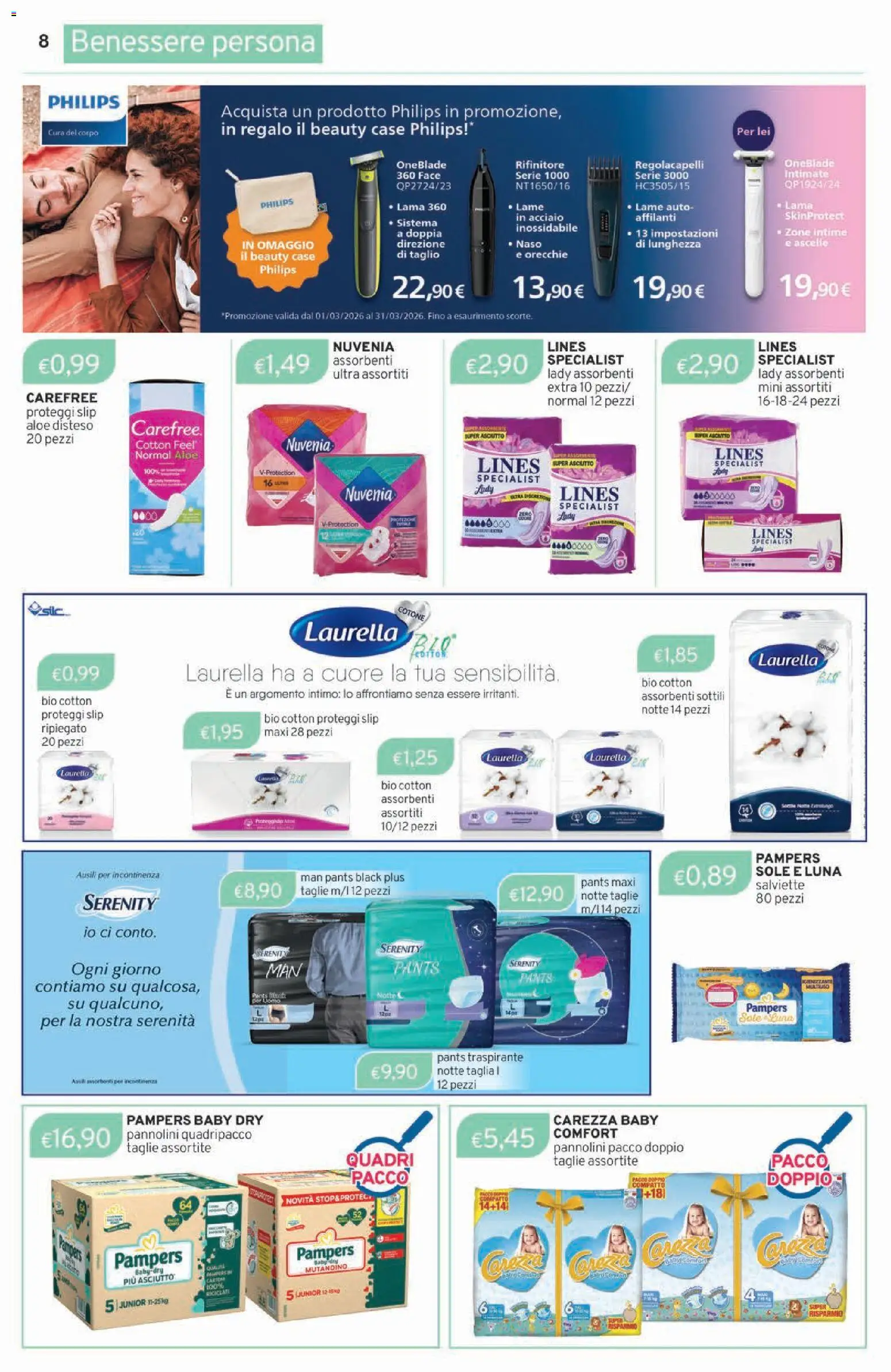 Volantino Sirene Blu del 03.03.2026 | Pagina: 8 | Prodotti: Pannolini, Proteggi slip, Intimo, Pampers