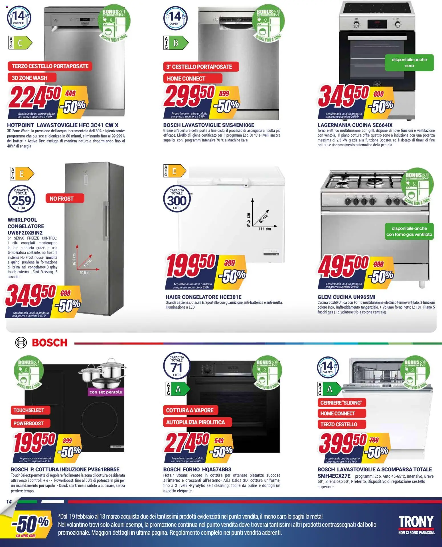 Volantino Trony del 19.02.2026 | Pagina: 14 | Prodotti: Piano cottura, Lavastoviglie, Congelatore, Portaposate