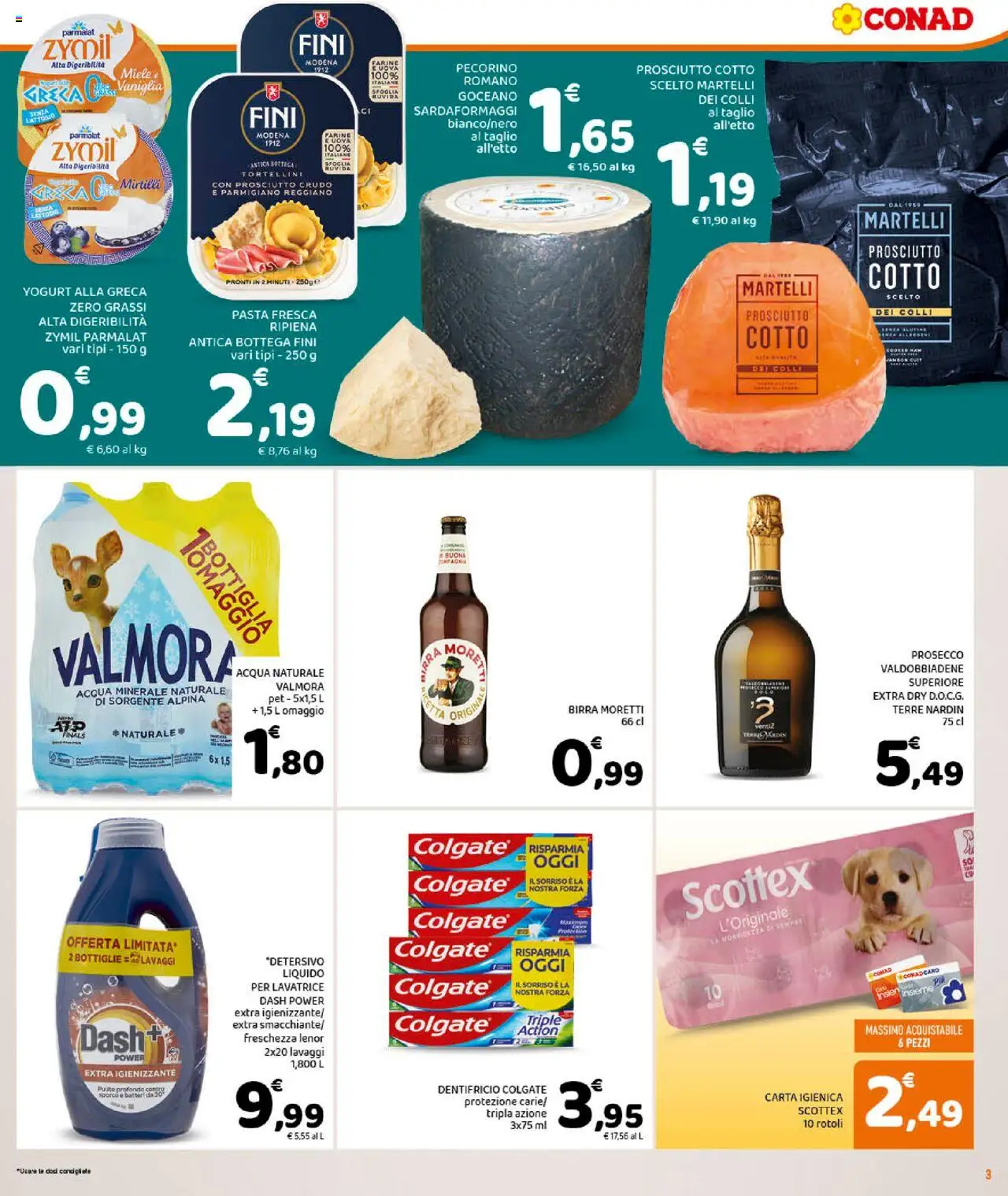 Volantino Conad del 17.09.2025 | Pagina: 3 | Prodotti: Prosciutto Crudo, Yogurt, Acqua naturale, Bottiglia