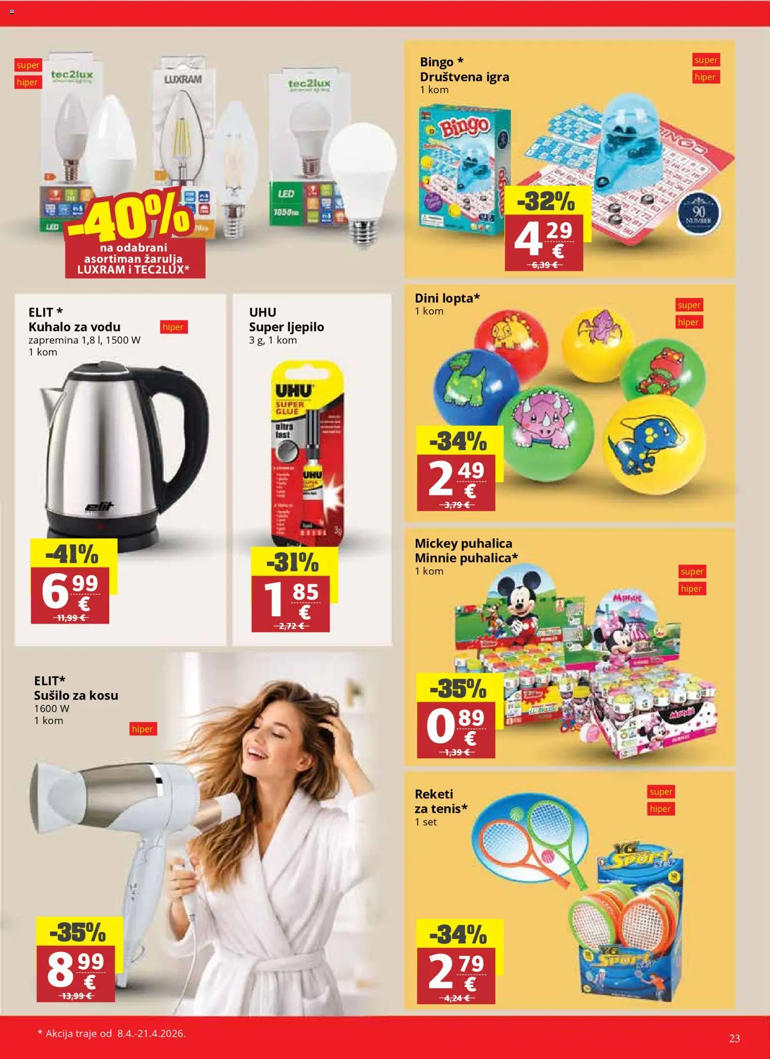 Ribola katalog | vrijedi od 08.04.2026 | Stranica: 23 | Proizvodi: Kuhalo za vodu, Sušilo za kosu, Igra