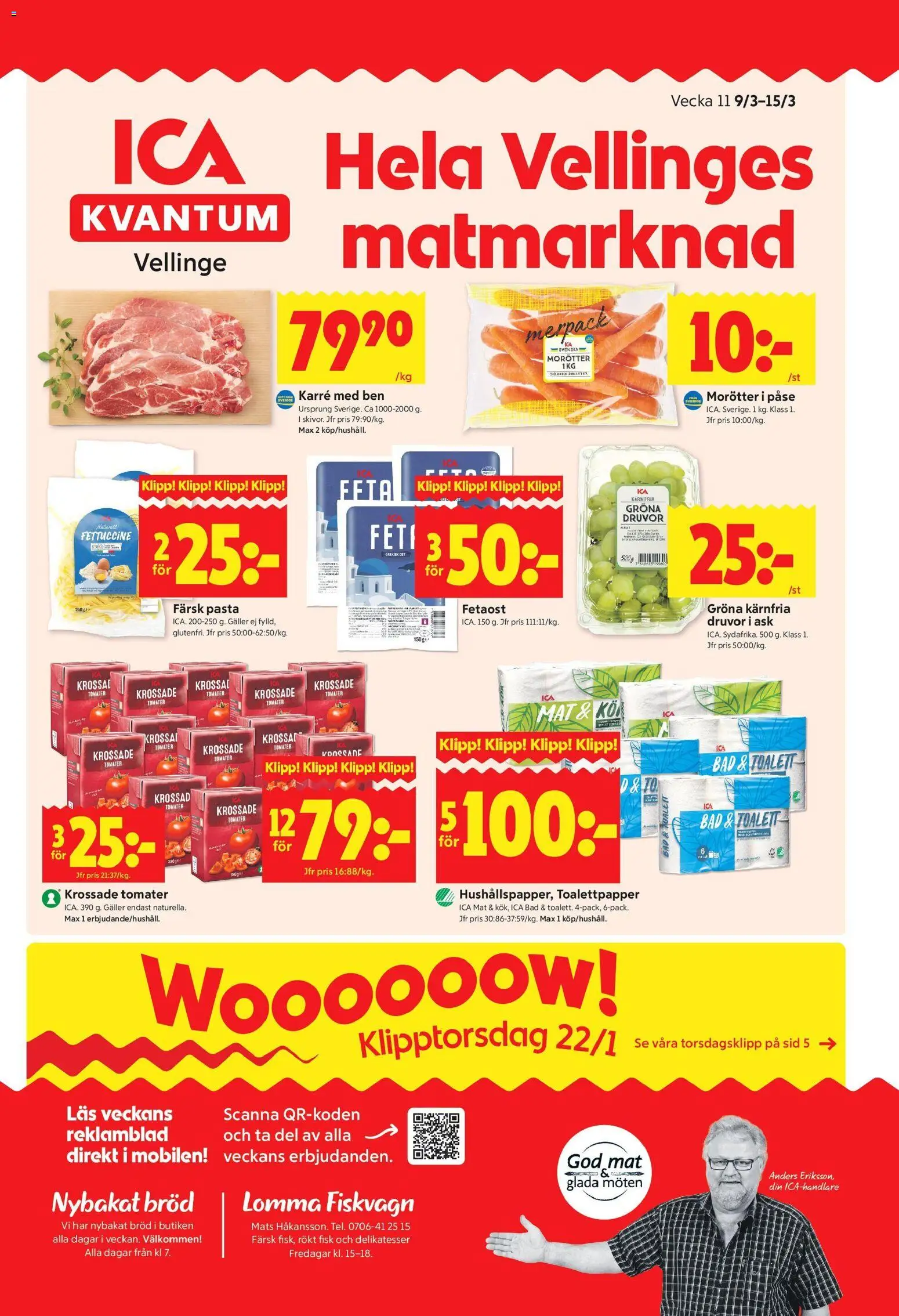 ICA Kvantum reklamblad aktuell från 09.03.2026 | Sida: 1 | Produkter: Krossade tomater, Toalett, Bröd, Pasta