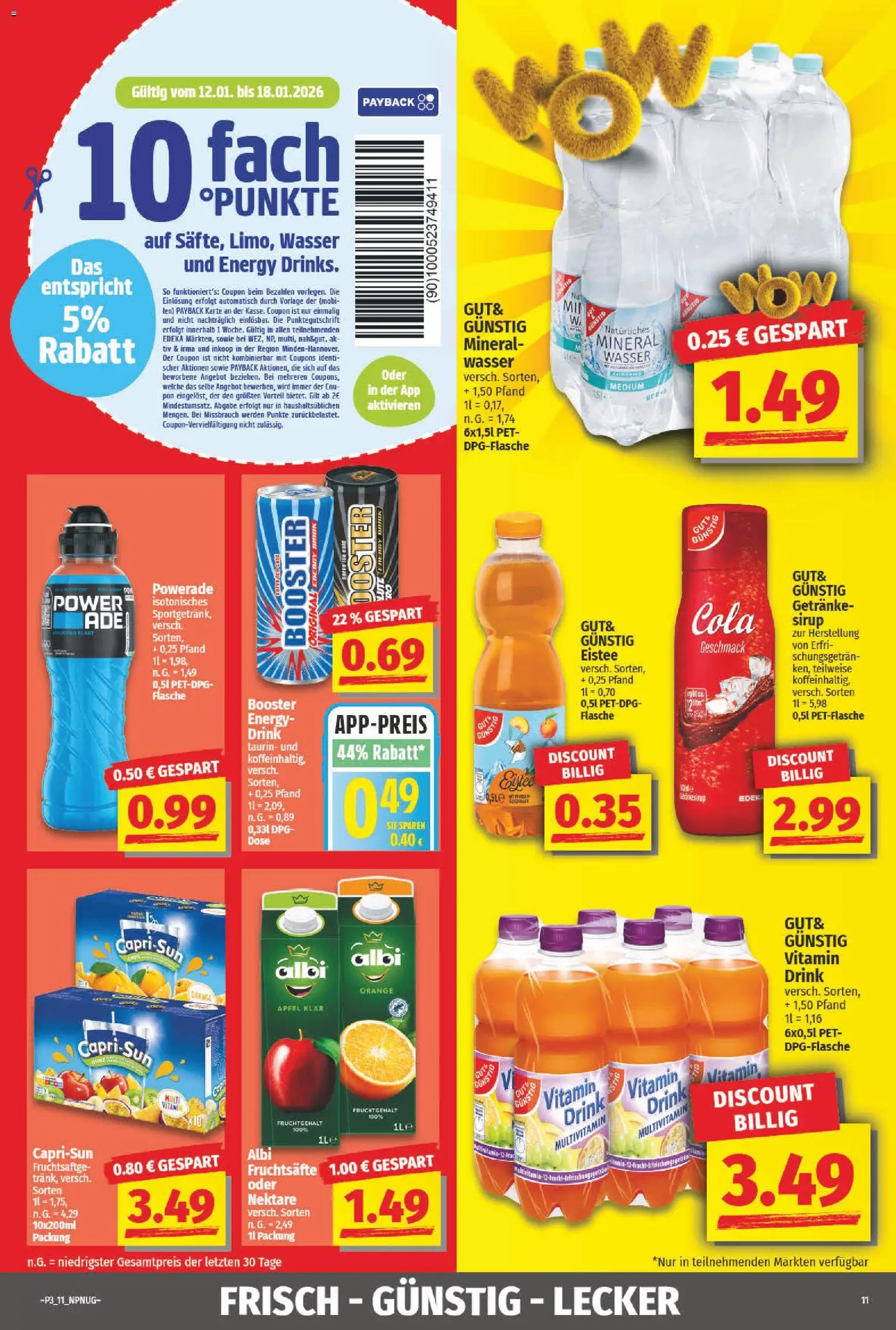 NP Discount Prospekt 	 – gültig ab 12.01.2026 | Seite: 11 | Produkte: Energy, Sirup, Wasser, Powerade