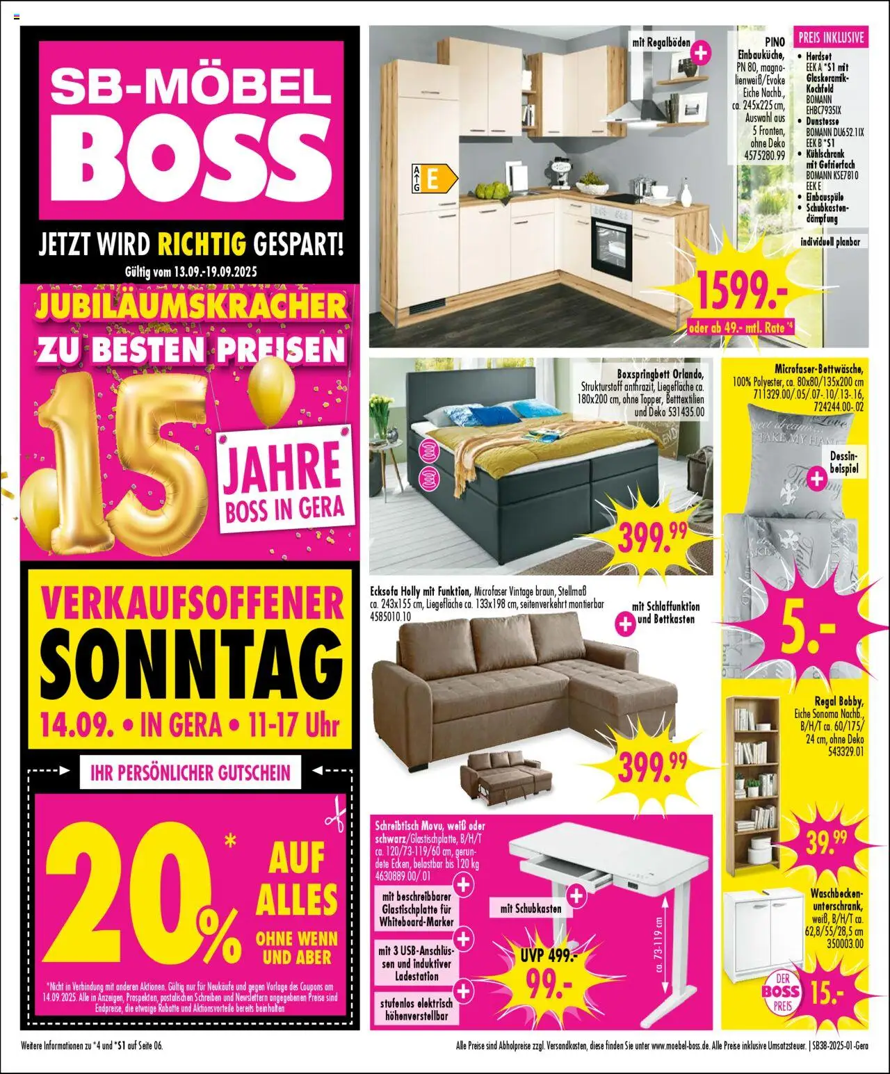 SB Möbel Boss Prospekt Gera	 – gültig ab 13.09.2025 | Seite: 1 | Produkte: Boxspringbett, Kühlschrank, Kochfeld, Uhr