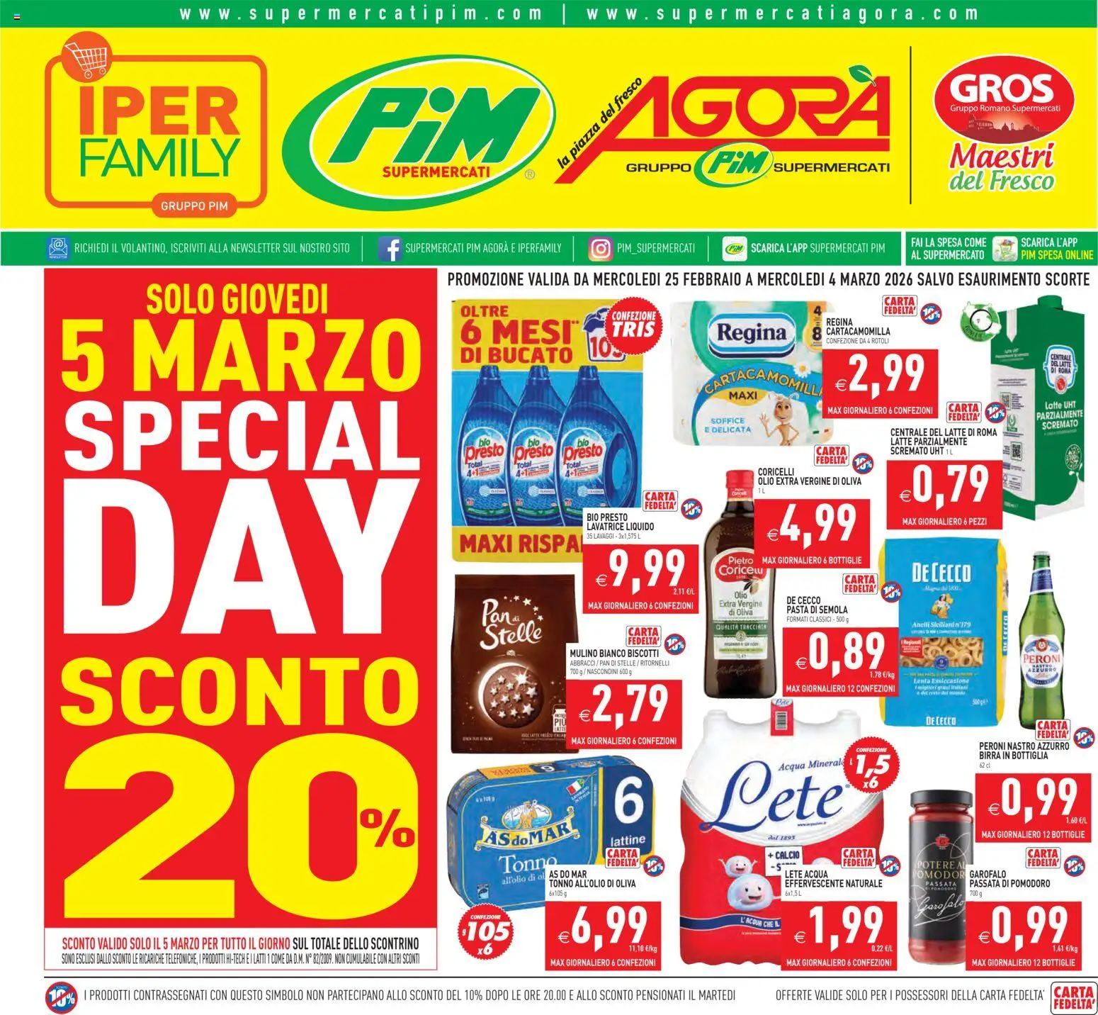 Volantino PIM Supermercati del 25.02.2026 | Pagina: 1 | Prodotti: Acqua, Olio, Lavatrice, Passata di pomodoro