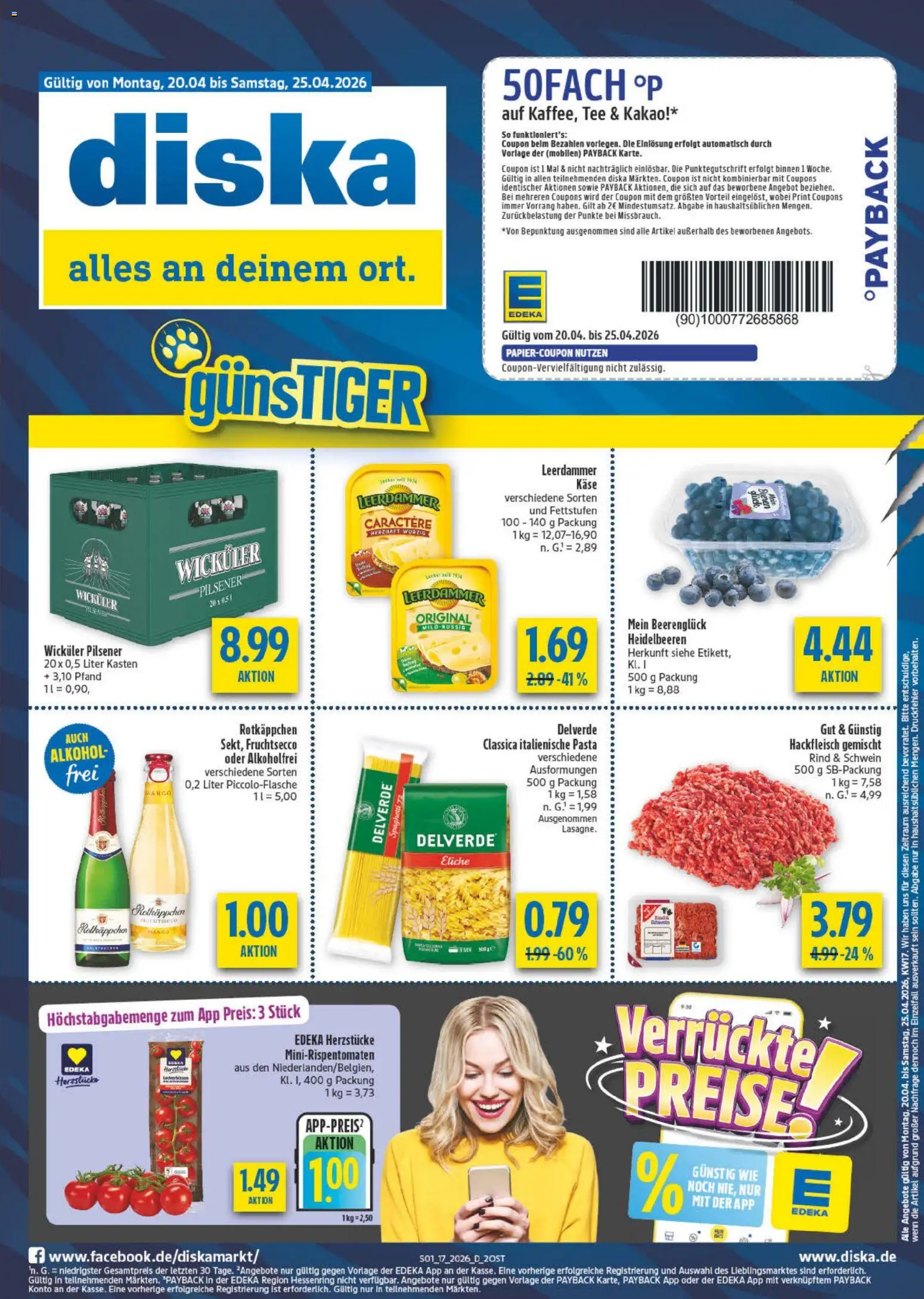 Diska Prospekt 	 – gültig ab 20.04.2026 | Seite: 1 | Produkte: Heidelbeeren, Rotkäppchen, Tee, Hackfleisch