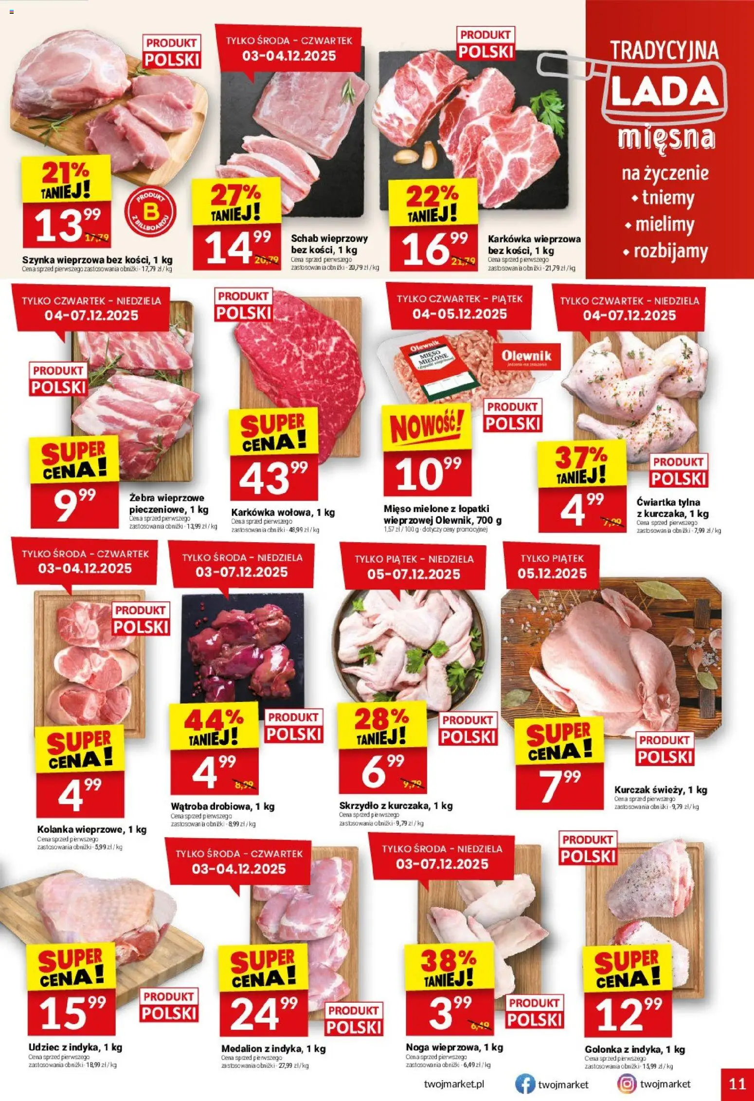 Twój Market Gazetka od 03.12.2025 | Strona: 11 | Produkty: Kurczak, Schab wieprzowy, Szynka wieprzowa, Szynka