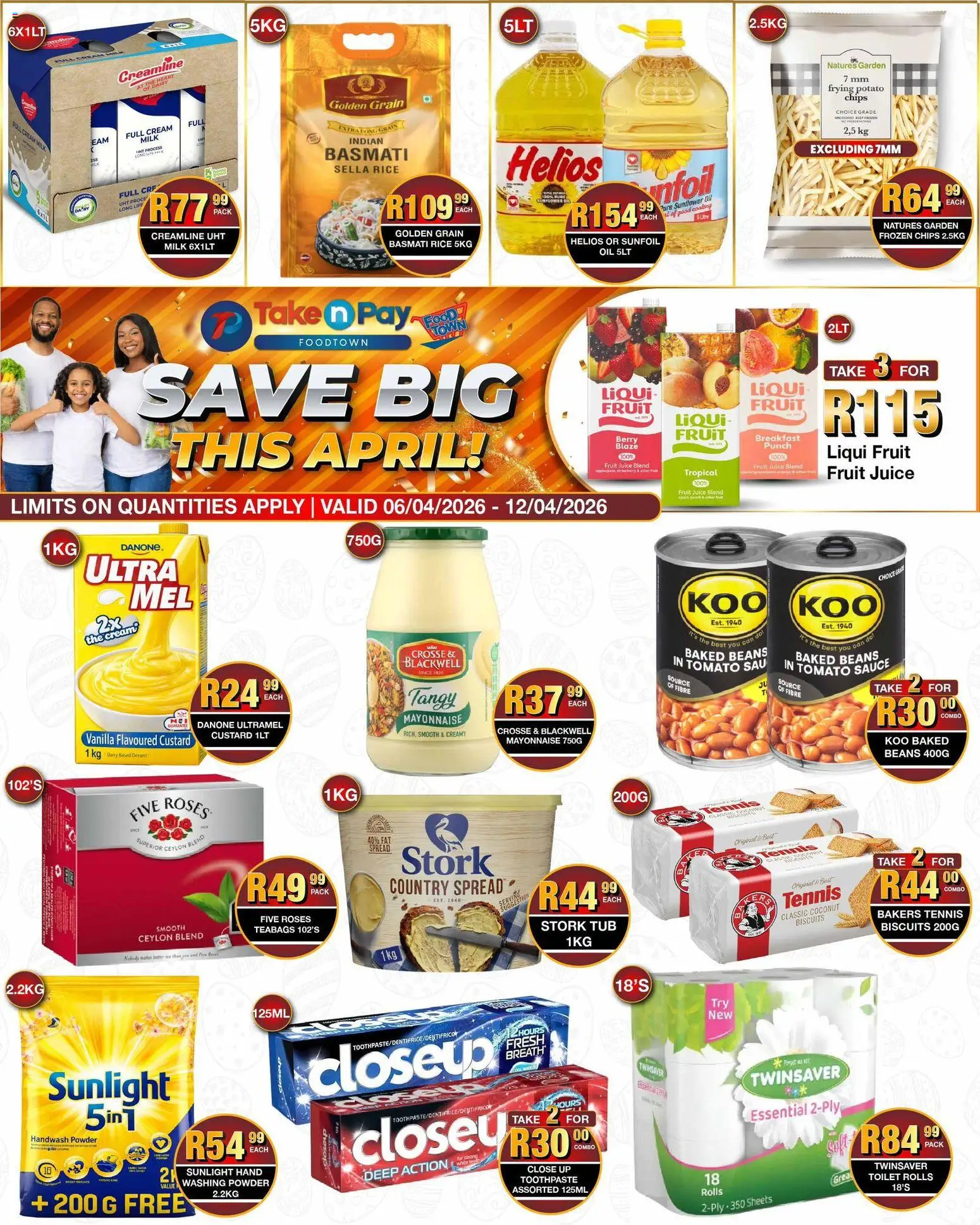 New Take n Pay catalogue – valid from 06.04.2026 | Page: 1 | Products: Toilet, Juice, Powder, Chips