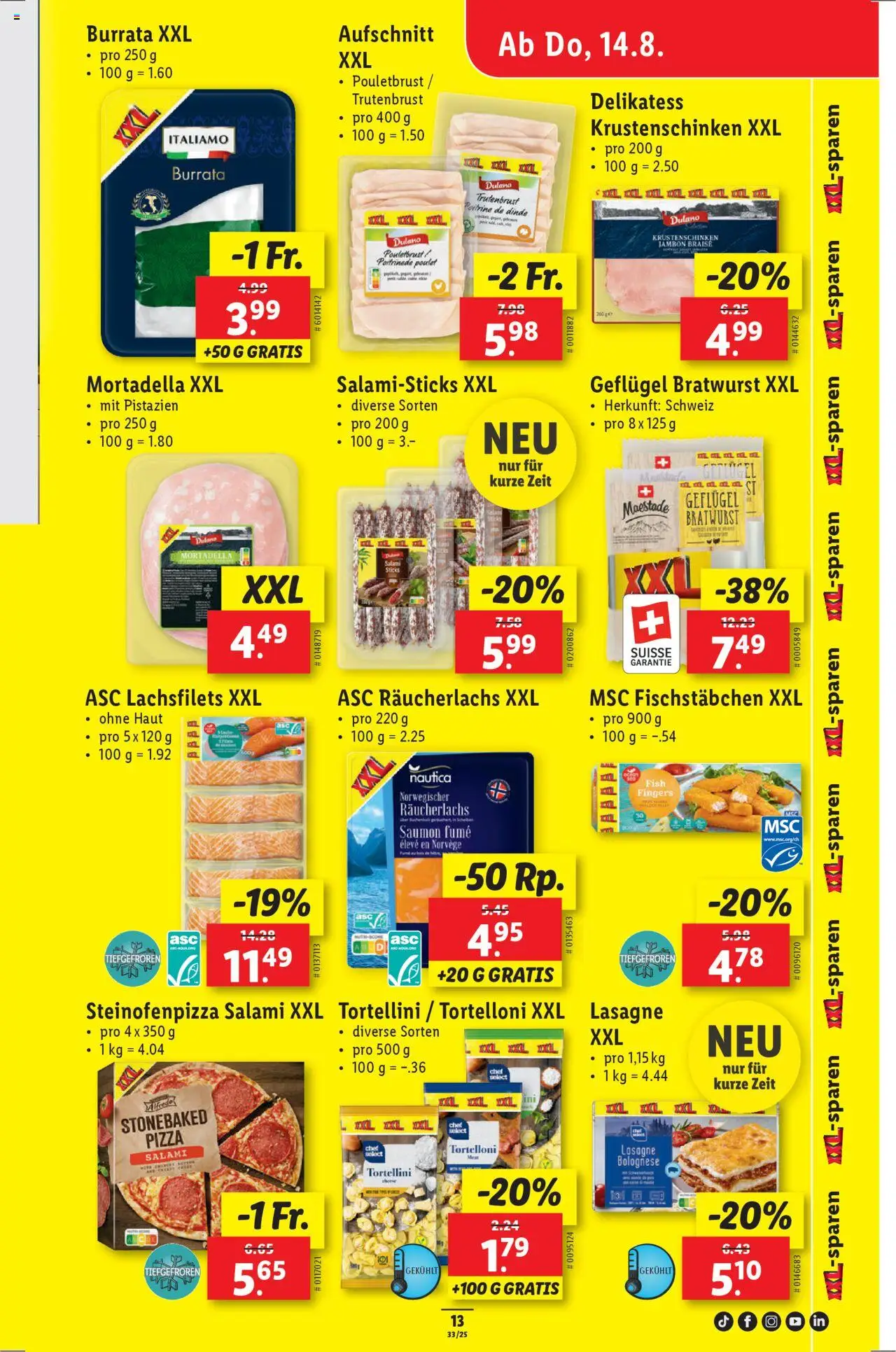 Lidl Aktionen ab 14.08.2025 | Seite: 15 | Produkte: Pouletbrust, Räucherlachs, Salami, Pizza