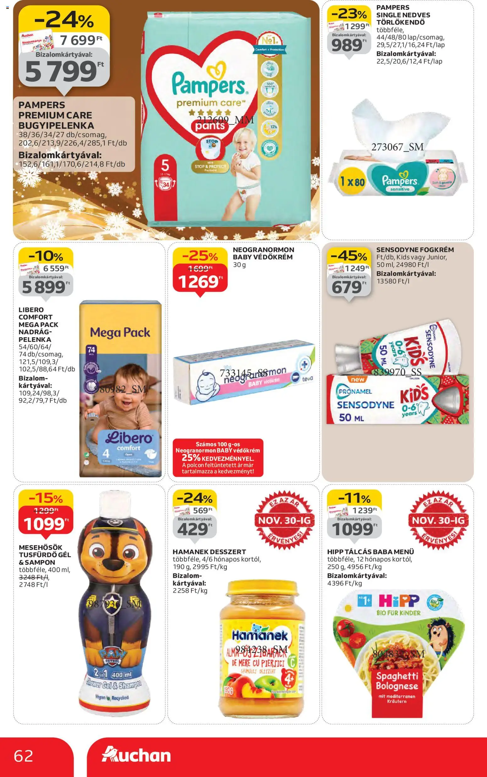 Auchan akciós ujság - amely érvényes a következő dátumtól: 27.11.2025 | Oldal: 62 | Termékek: Pampers, Törlőkendő, Sampon, Nadrág