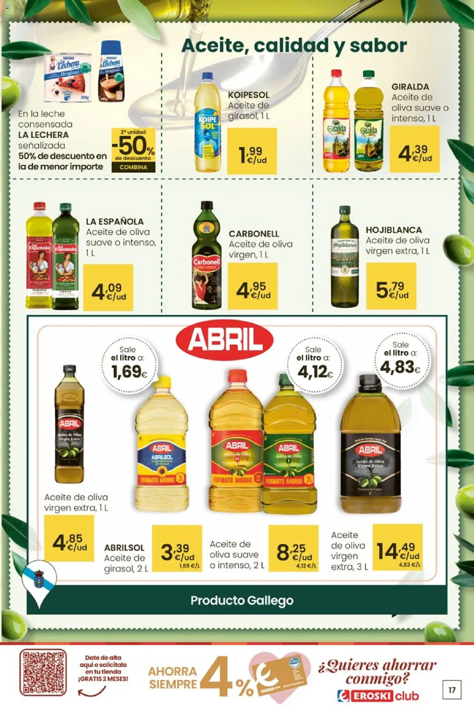 Eroski Quieres ahorrar conmigo │ válido desde el 16.04.2026 | Página: 17 | Productos: Leche, Aceite, Aceite de oliva