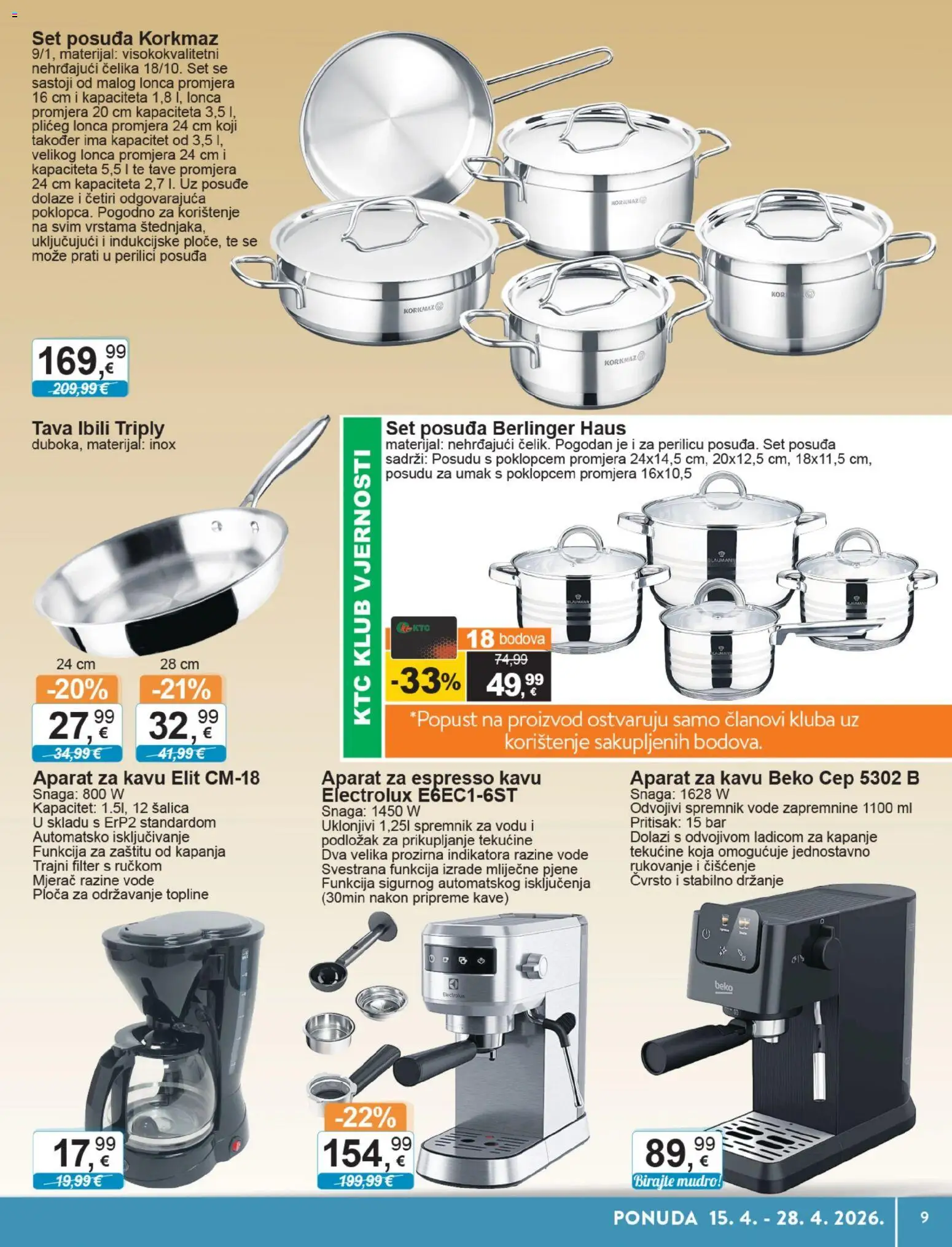 KTC katalog | vrijedi od 15.04.2026 | Stranica: 9 | Proizvodi: Aparat za kavu, Umak, Tava, Šalica