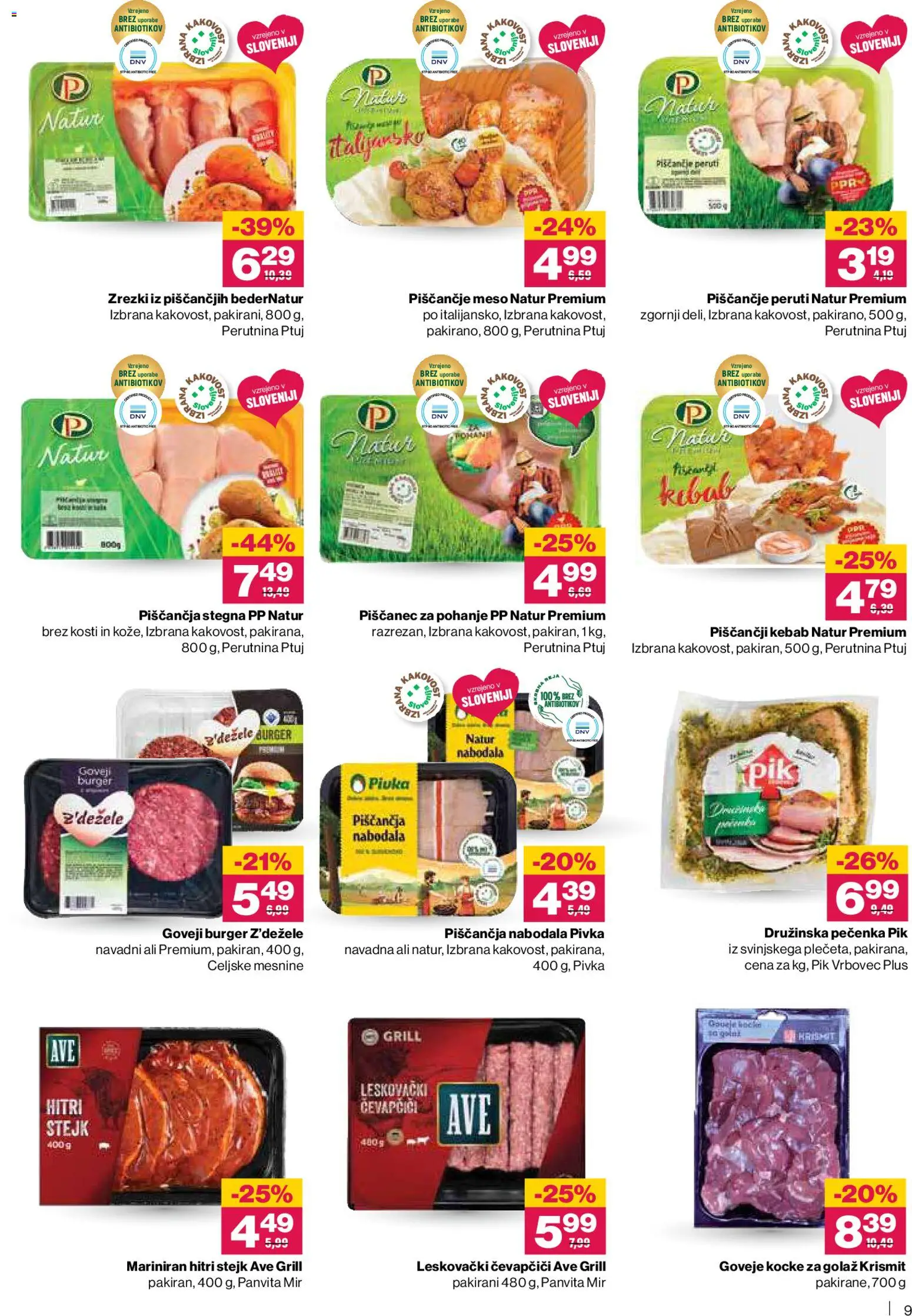 Novi Mercator katalog ponudbe – veljaven od 23.10.2025 | Stran: 9 | Izdelki: Čevapčiči, Nabodala, Zrezki, Piscancje meso