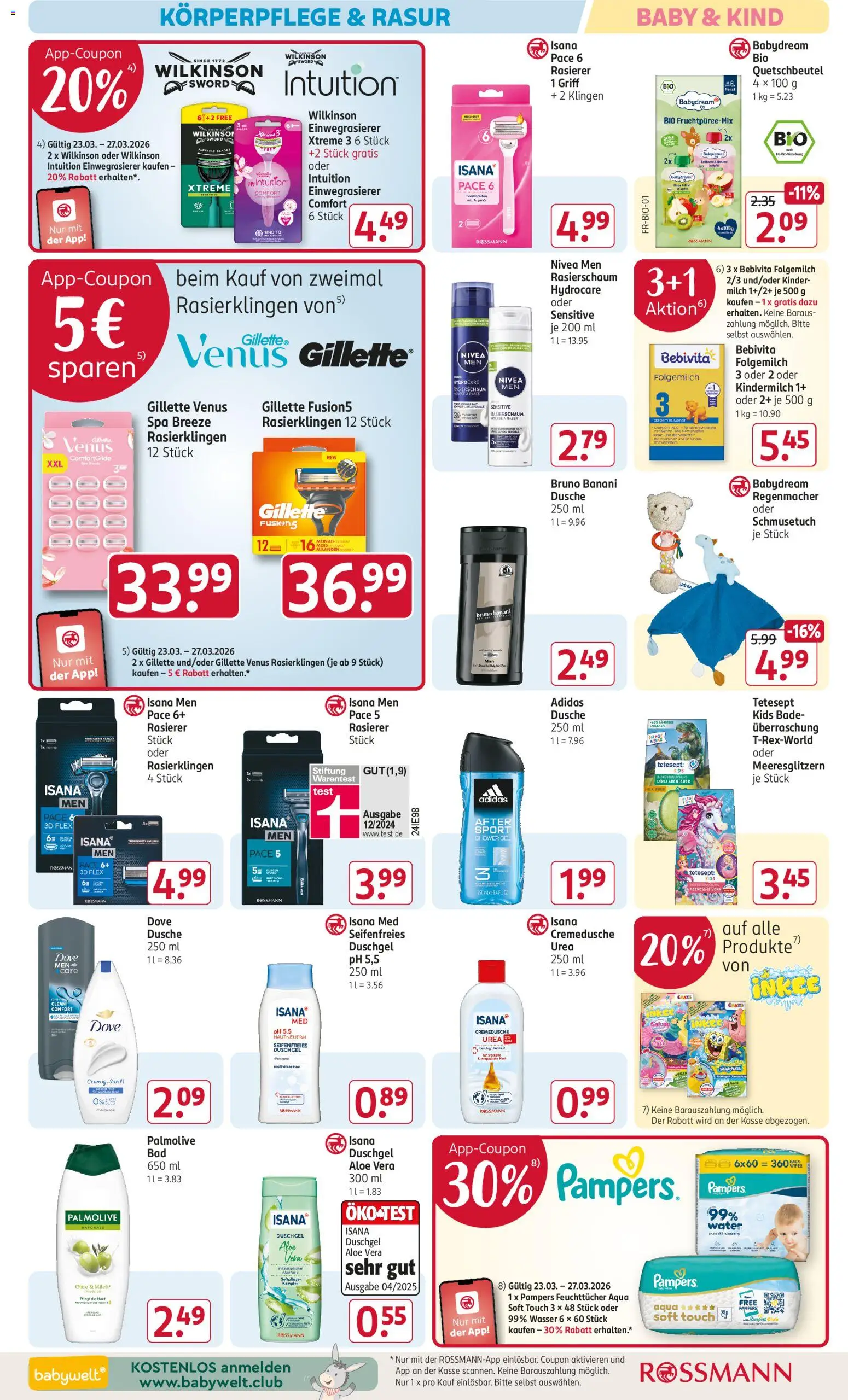 Rossmann Angebotsprospekt – gültig ab 23.03.2026 | Seite: 12 | Produkte: Bad, Pampers, Rasierschaum, Wasser