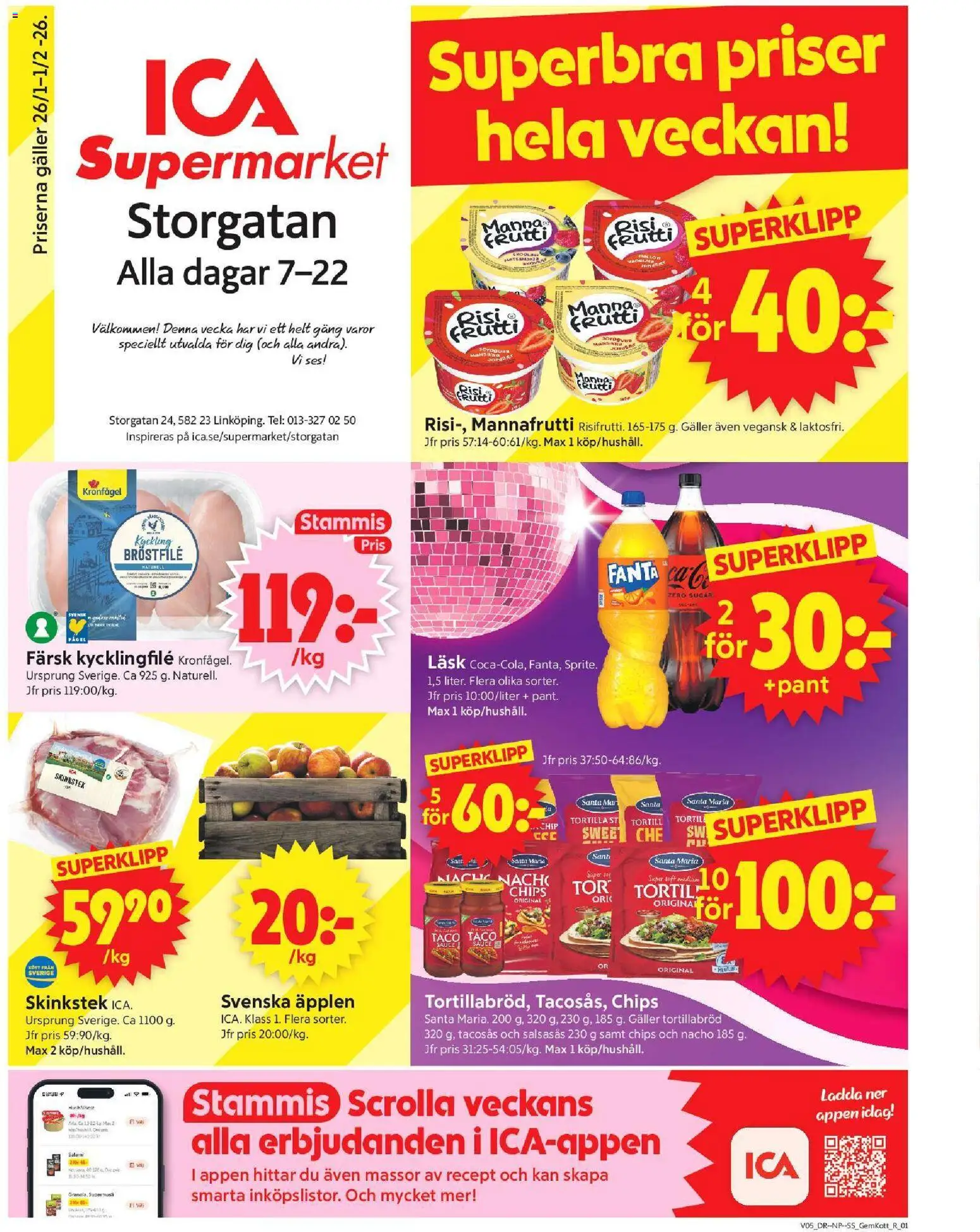 ICA Supermarket reklamblad aktuell från 26.01.2026 | Sida: 1 | Produkter: Tortilla, Galler, Salami, Äpplen
