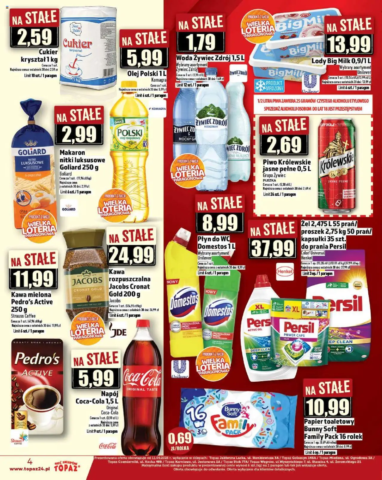Topaz Gazetka - Ceny małe na stałe od 11.09.2025 | Strona: 4 | Produkty: Persil, Domestos, Kawa, Woda
