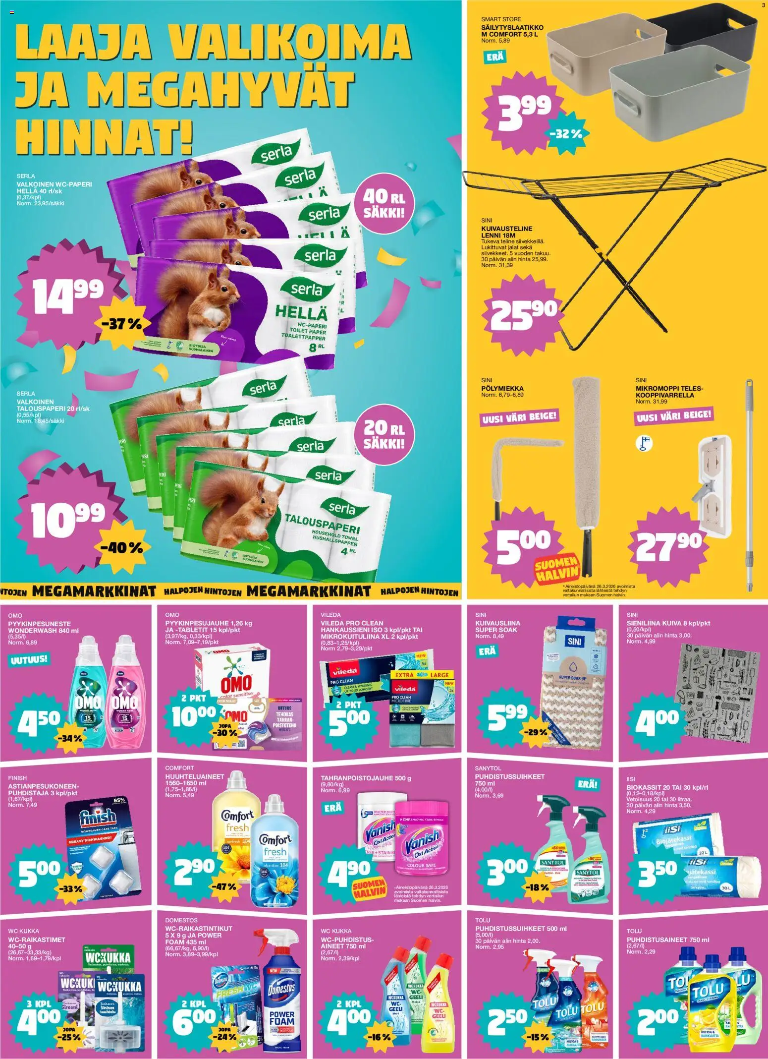 Tokmanni tarjoukset – voimassa 13.04.2026 alkaen | Sivu: 3 | Tuotteet: Hella, Mikrokuituliina, Wc-paperi, WC