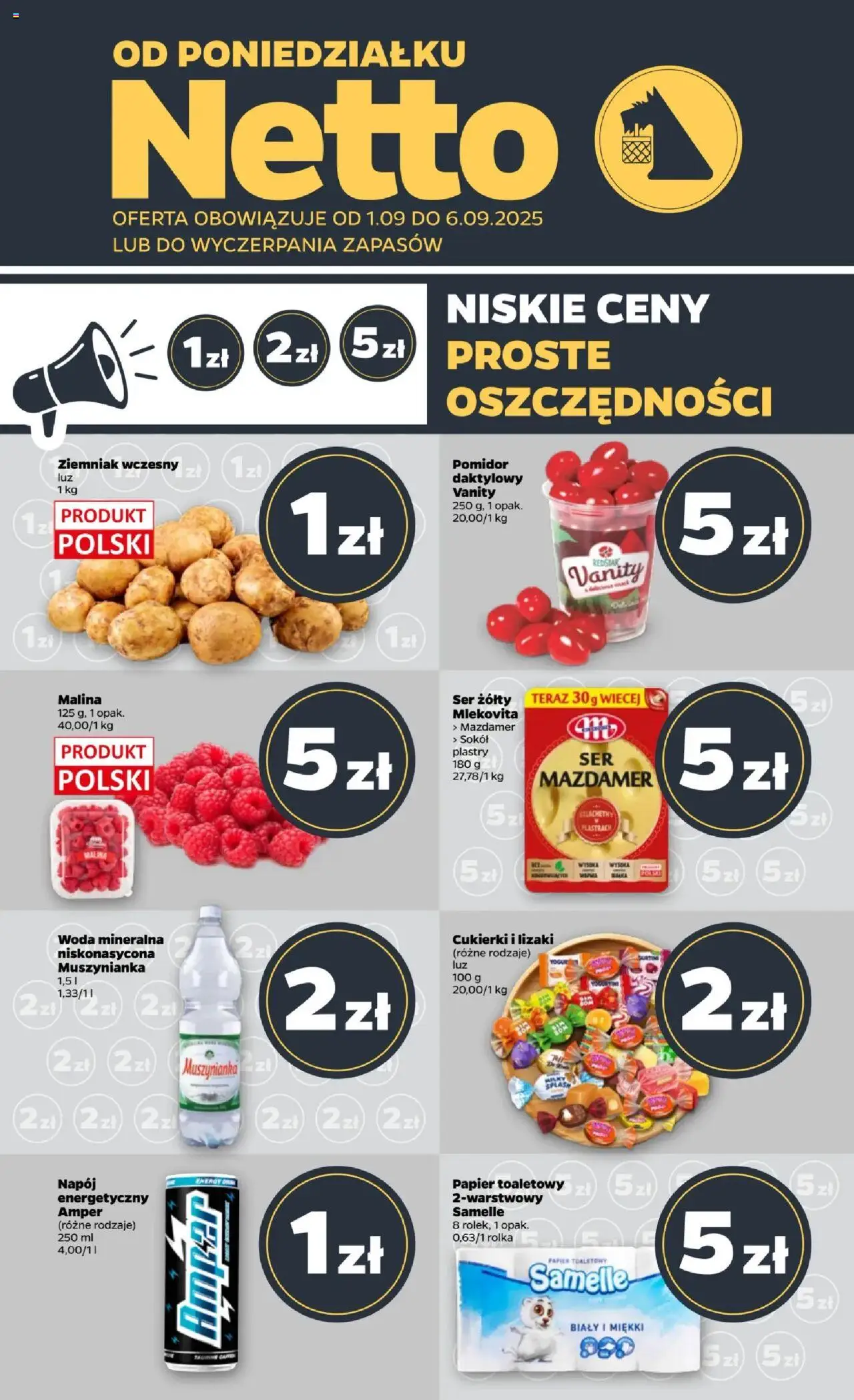 Netto gazetka - Spożywcza od 01.09.2025 | Strona: 1 | Produkty: Ser żółty, Papier toaletowy, Ser, Cukierki