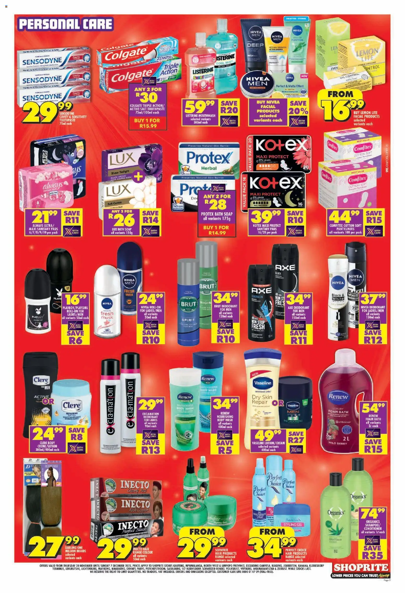 New Shoprite catalogue – valid from 20.11.2025 | Page: 9 | Products: Bath, Pads, Soap, Mouthwash