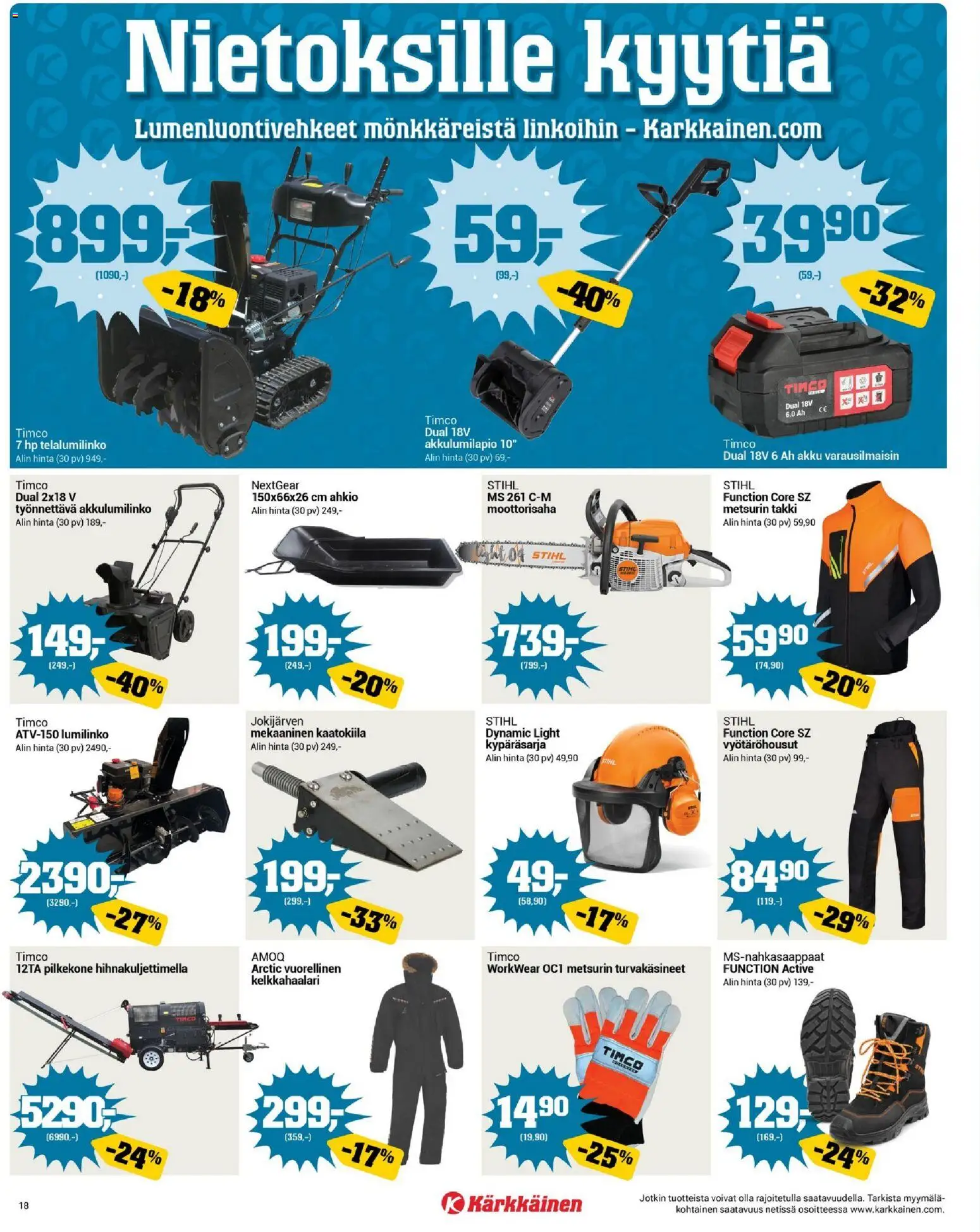 Kärkkäinen tarjoukset – voimassa 21.01.2026 alkaen | Sivu: 18 | Tuotteet: Lumilinko, Moottorisaha, Akku, Takki