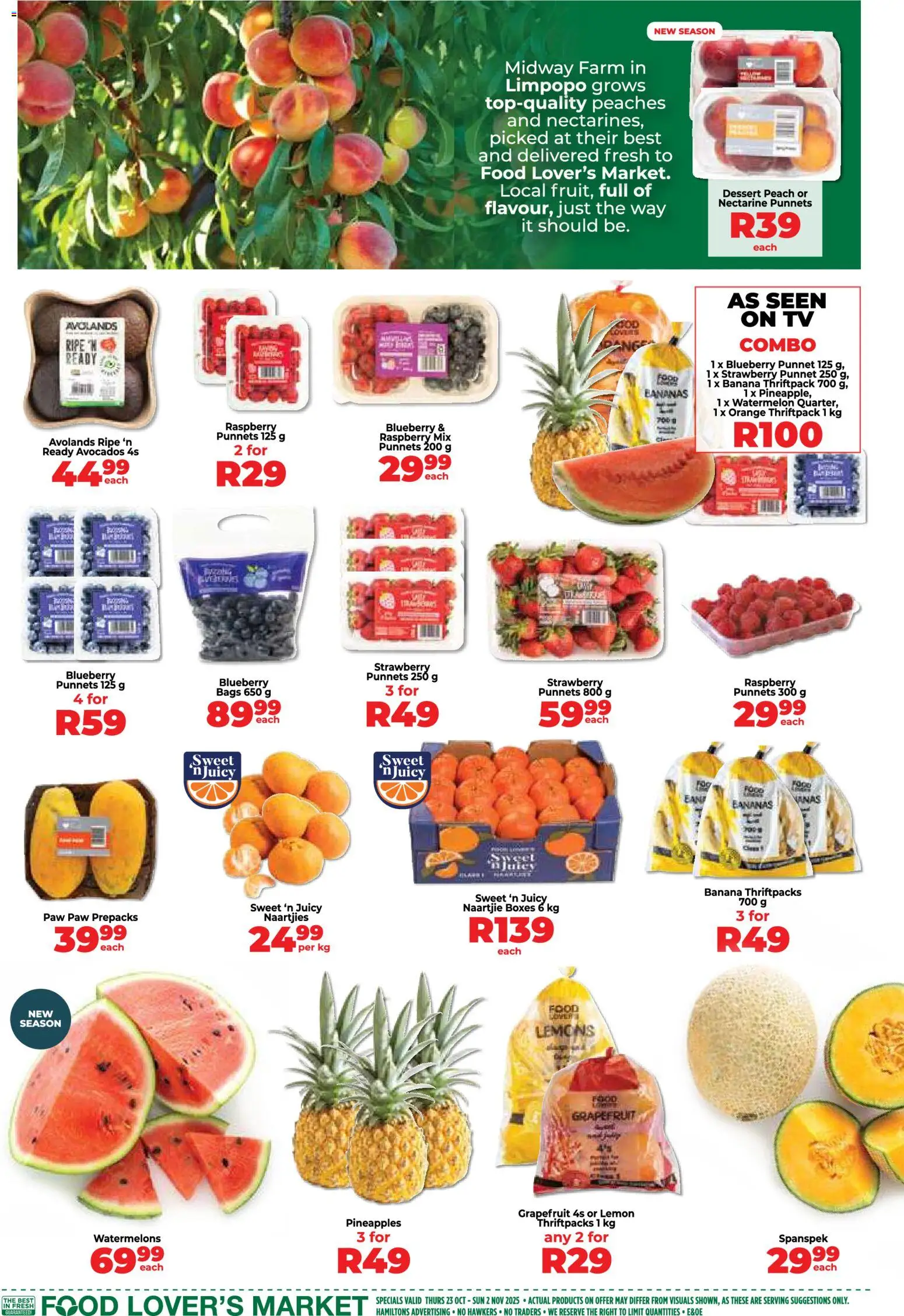 New Food Lover's Market catalogue – valid from 23.10.2025 | Page: 3 | Products: Bananas, Avocados, Grapefruit, Watermelons