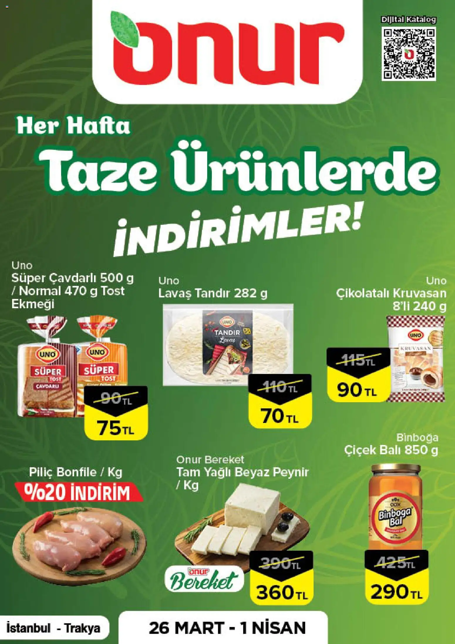 Onur Market - Taze Ürünlerde İndirimler - İstanbul & Trakya - 26.03.2026 tarihinden itibaren geçerlidir | Sayfa: 1 | Ürünler: Peynir, Piliç, Piliç bonfile
