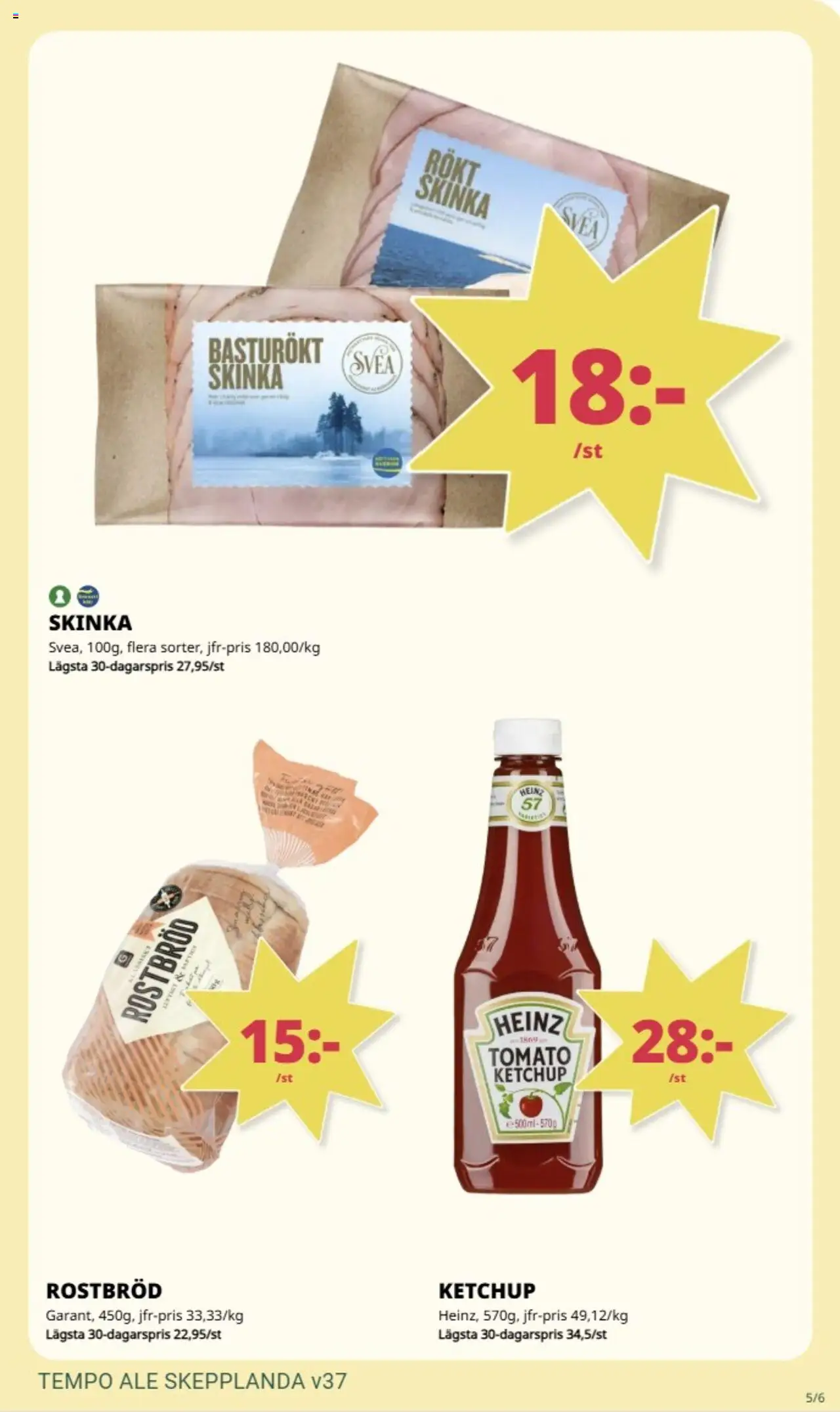 Tempo reklamblad aktuell från 08.09.2025 | Sida: 5 | Produkter: Rostbröd, Skinka, Ketchup