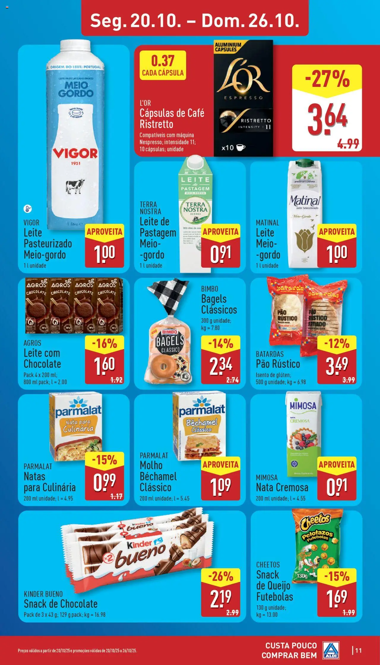 Aldi folheto │ válido de 20.10.2025 | Página: 11 | Produtos: Leite, Pão, Chocolate, Nata