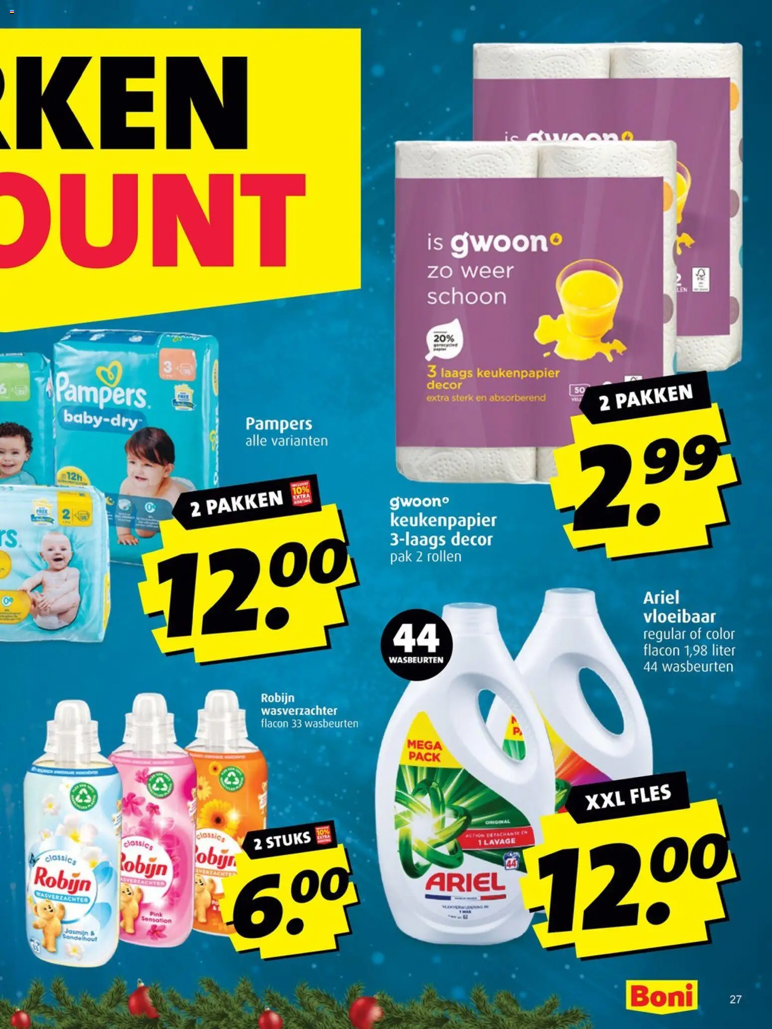 {H1} | Pagina: 27 | Producten: Wasverzachter, Robijn, Pampers, Was