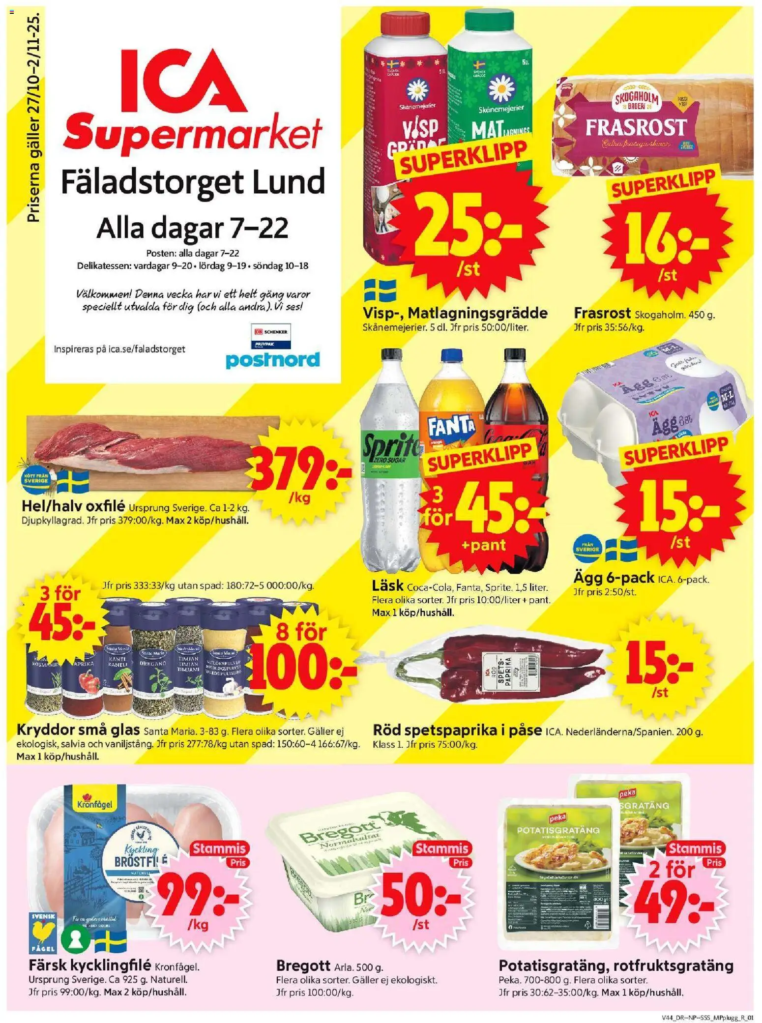 ICA Supermarket reklamblad aktuell från 27.10.2025 | Sida: 1 | Produkter: Kycklingfile, Galler, Oregano, Matlagningsgrädde