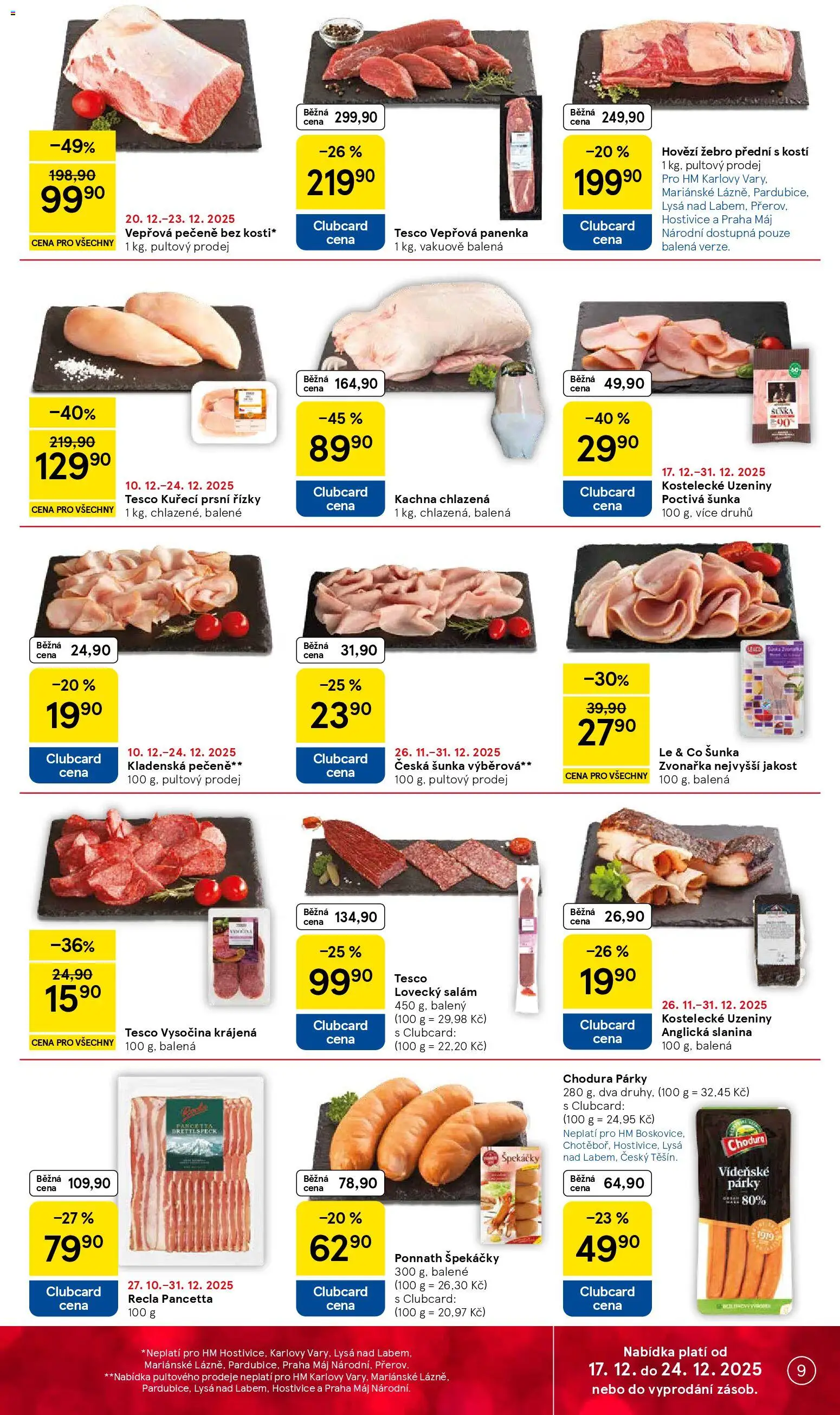 Tesco leták - Hypermarket od 17.12.2025 | Strana: 9 | Produkty: Vepřová pečeně, Uzeniny, Kachna, Slanina