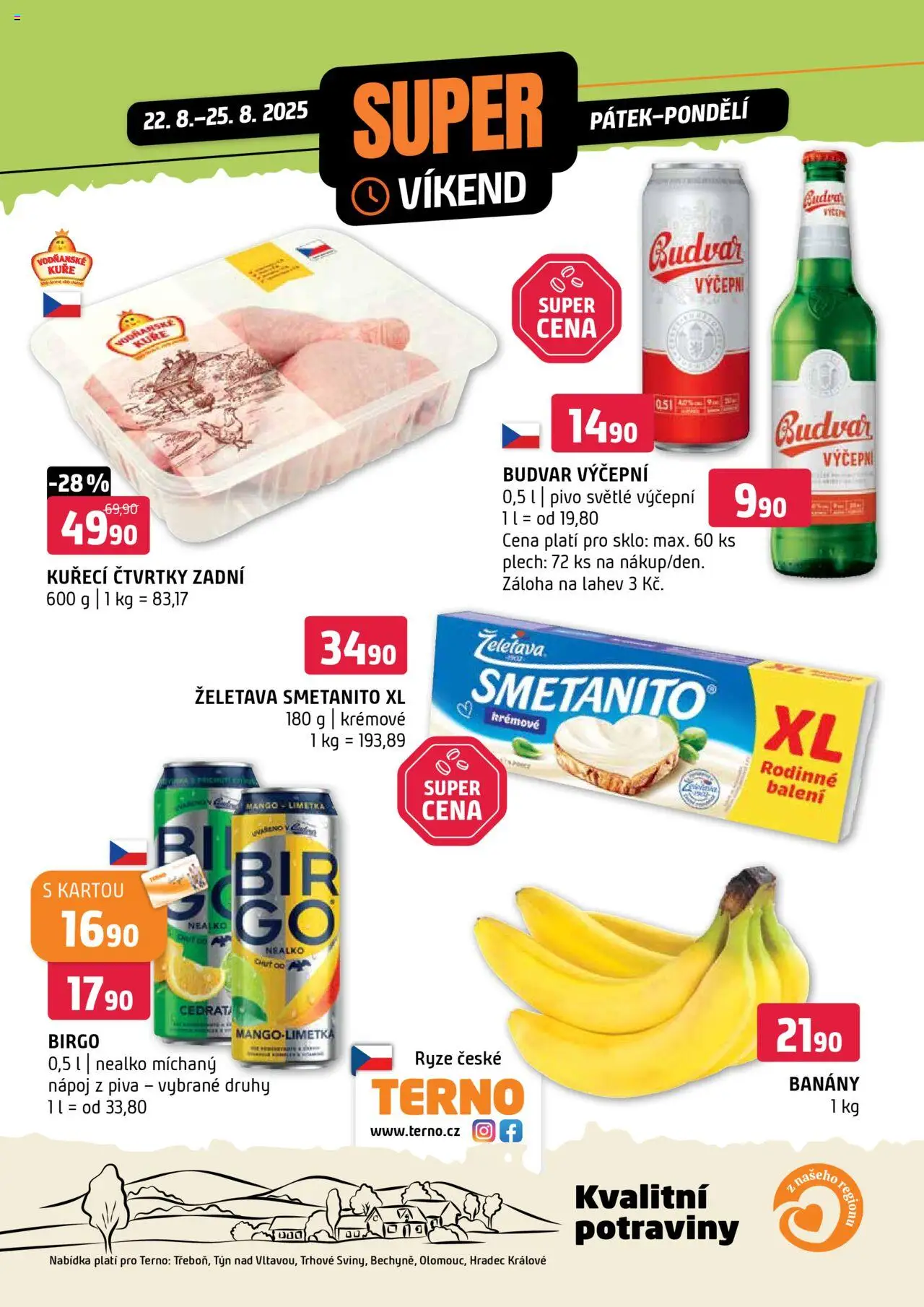Terno leták - Super víkend od 22.08.2025 | Strana: 1 | Produkty: Mango, Budvar, Plech, Kuře