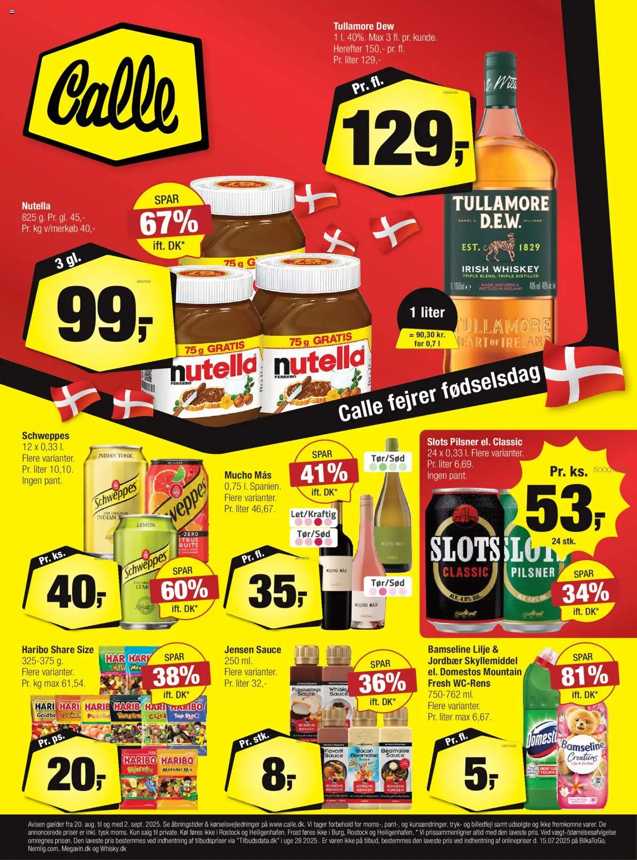 Calle Tilbudsavis gyldig fra 20.08.2025 | Side: 1 | Produkter: Skyllemiddel, Whisky, Bacon, Nutella