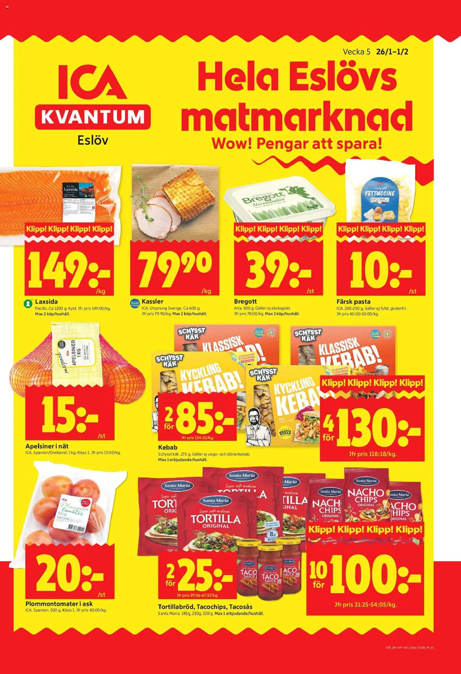 ICA Kvantum reklamblad aktuell från 26.01.2026 | Sida: 1 | Produkter: Kassler, Bregott, Plommon, Tomater
