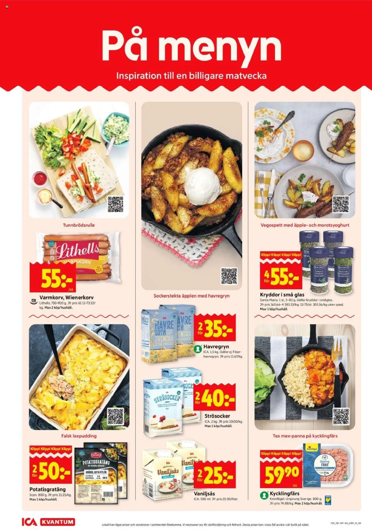 ICA Kvantum reklamblad aktuell från 22.09.2025 | Sida: 4 | Produkter: Potatisgratäng, Äpplen, Wienerkorv, Vaniljsås