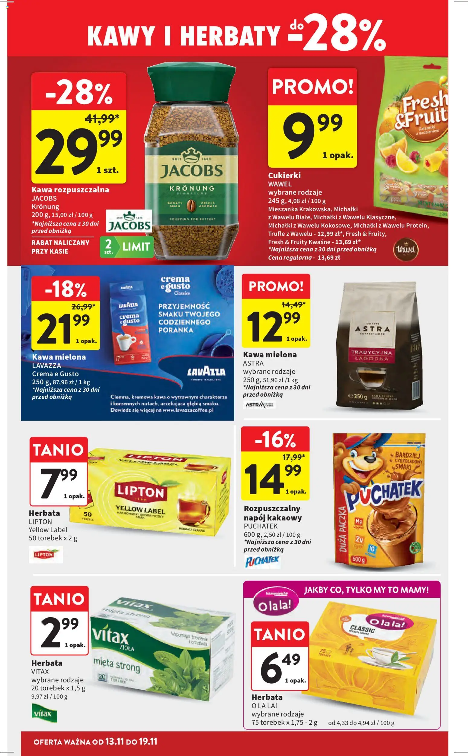 Intermarche Gazetka od 13.11.2025 | Strona: 28 | Produkty: Kawa rozpuszczalna, Kawa, Herbata, Cukierki